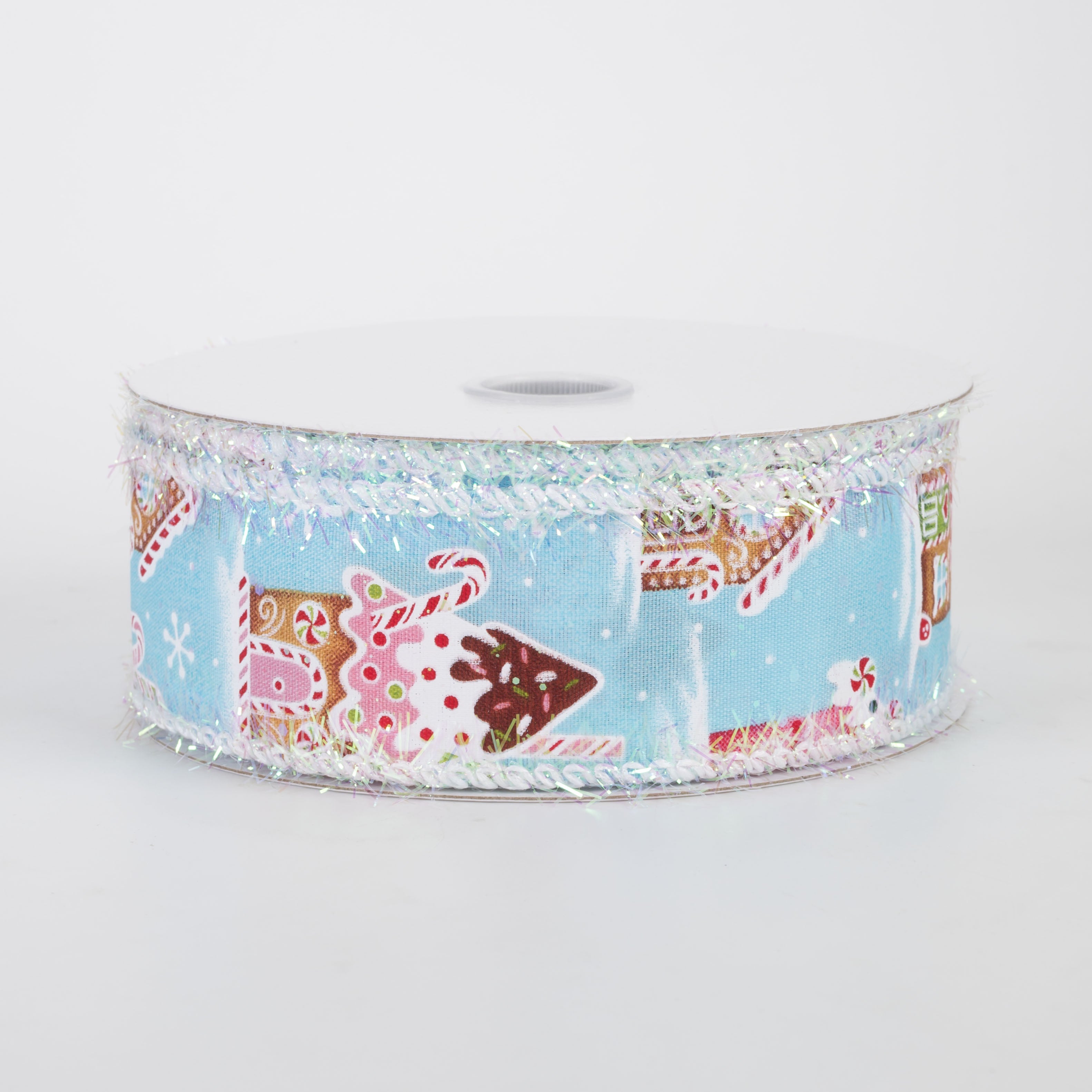 1.5" Tinsel Edge Gingerbread Sweet Shop Ribbon: Blue (10 Yards)