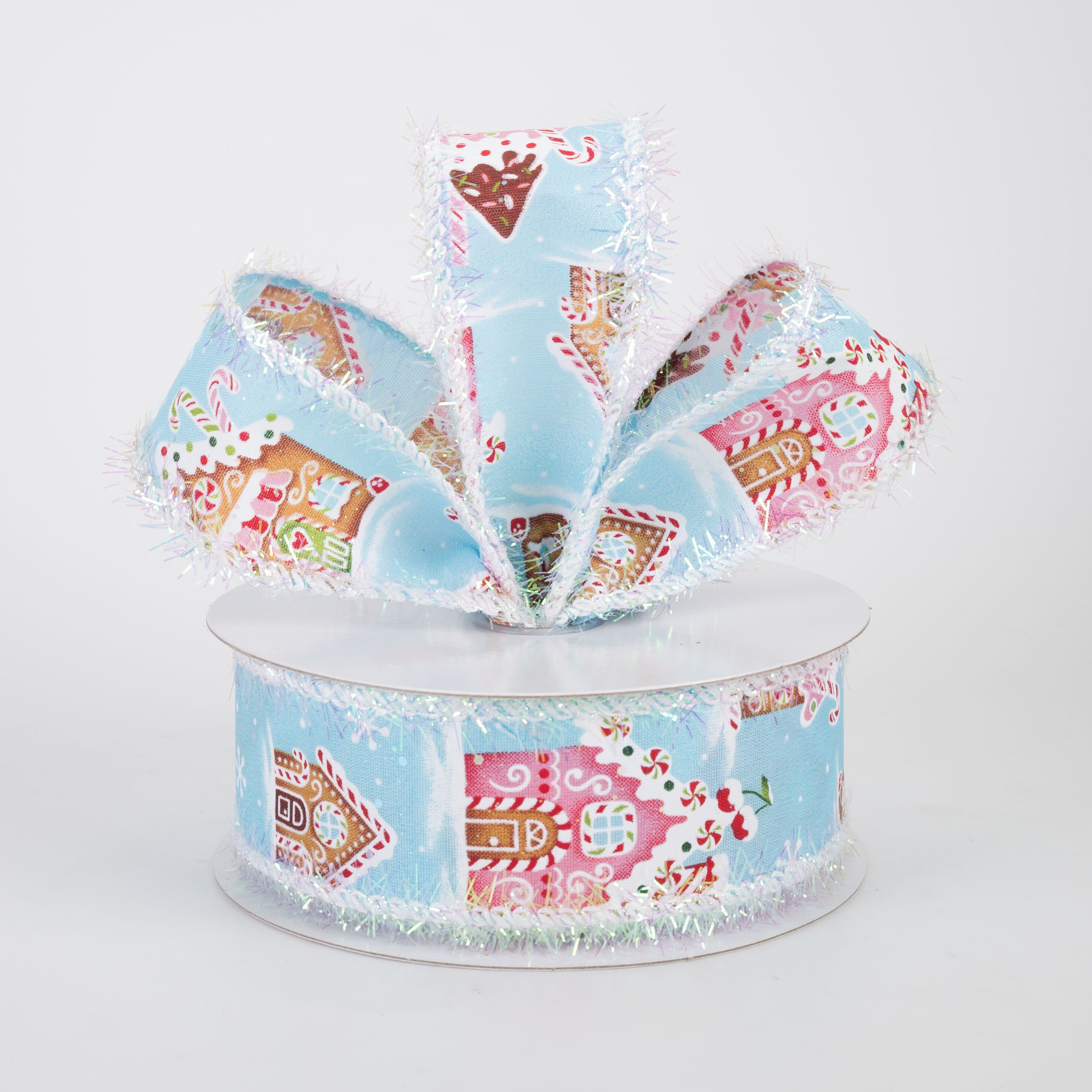 1.5" Tinsel Edge Gingerbread Sweet Shop Ribbon: Blue (10 Yards)