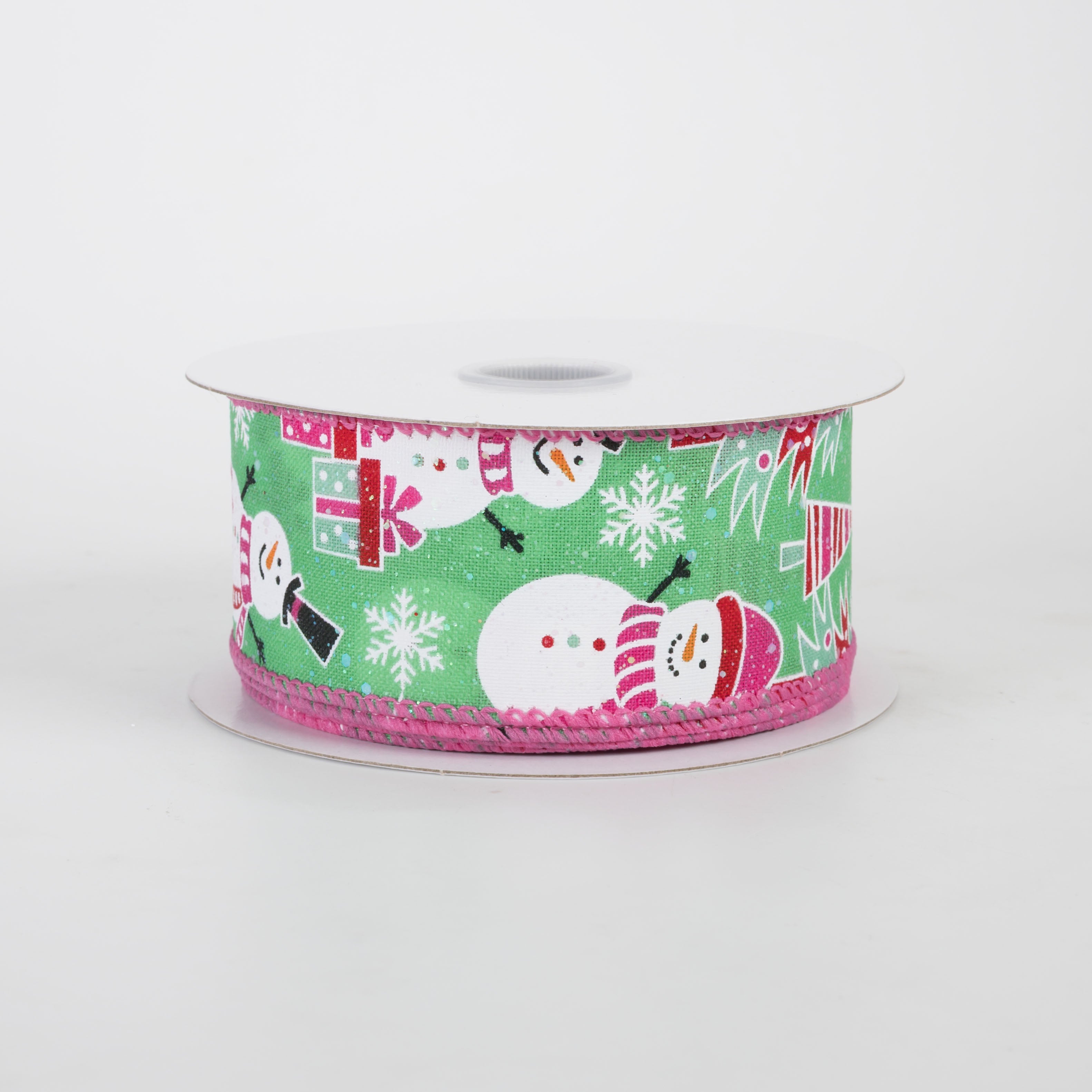 1.5" Frolicking Snowmen Satin Ribbon: Mint Green & Pink (10 Yards)