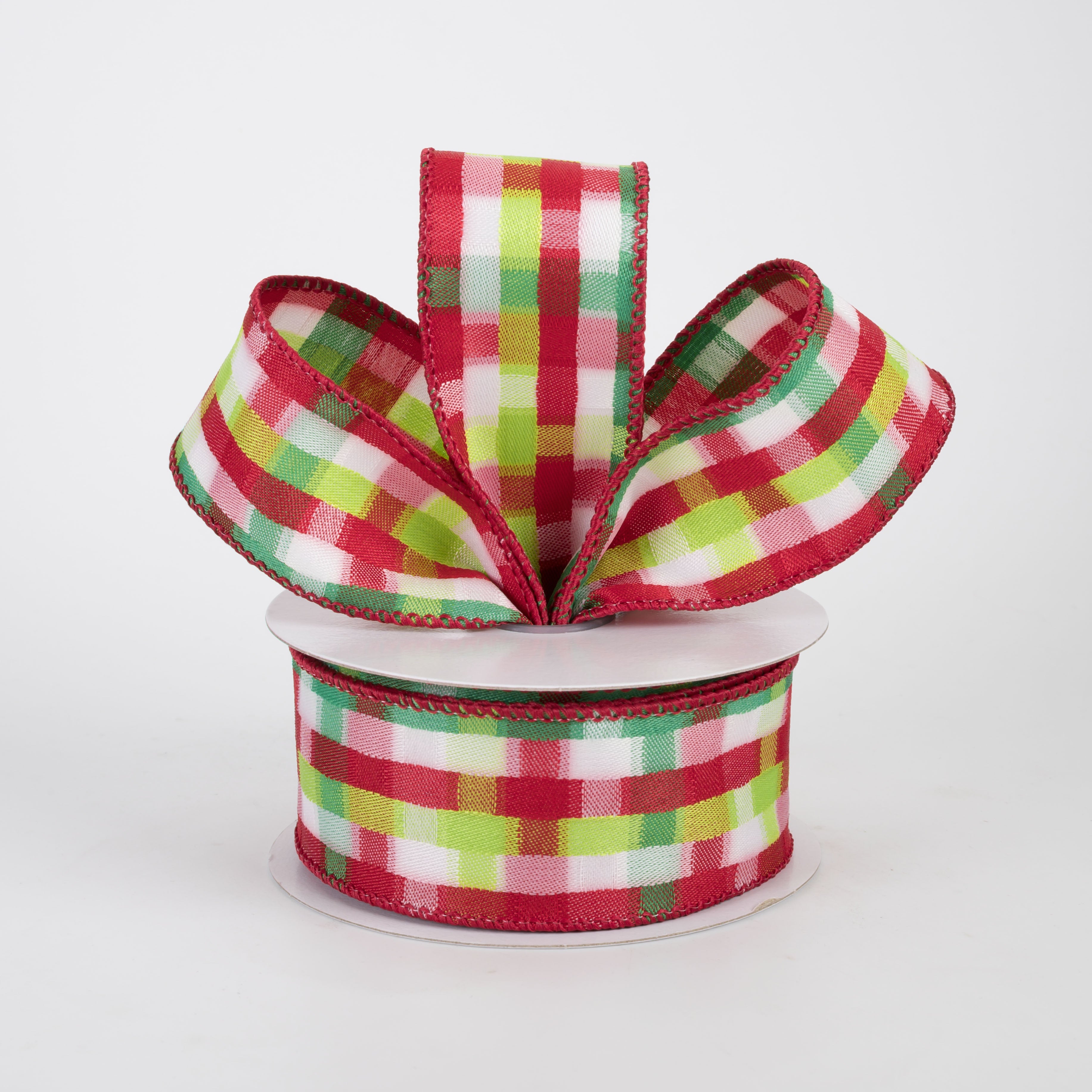 1.5" Mosaic Plaid Ribbon: Red, Lime, Emerald & White (10 Yards)