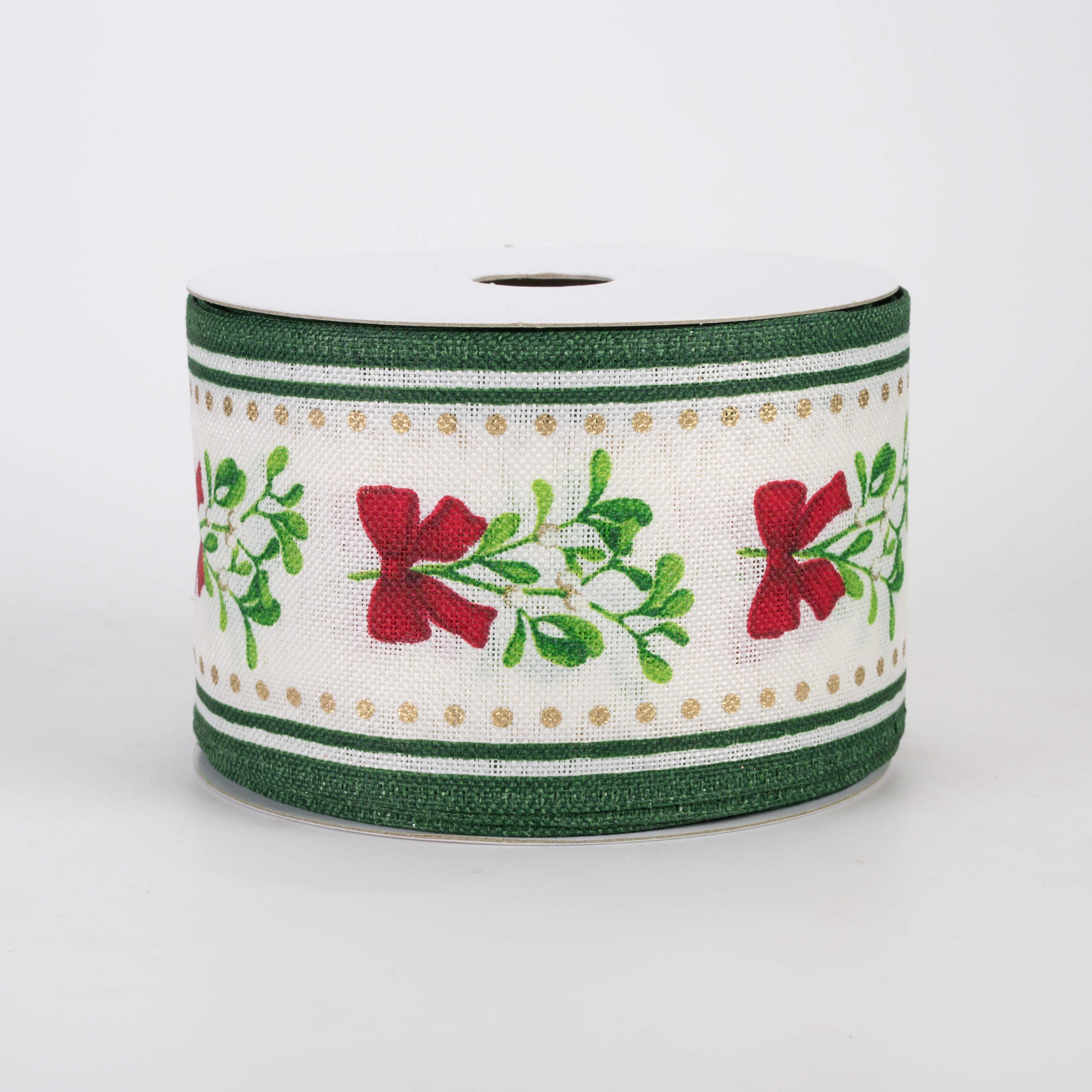 2.5" Linen Mistletoe Bows & Stripe Edges Ribbon: Green & Ivory (10 Yards)