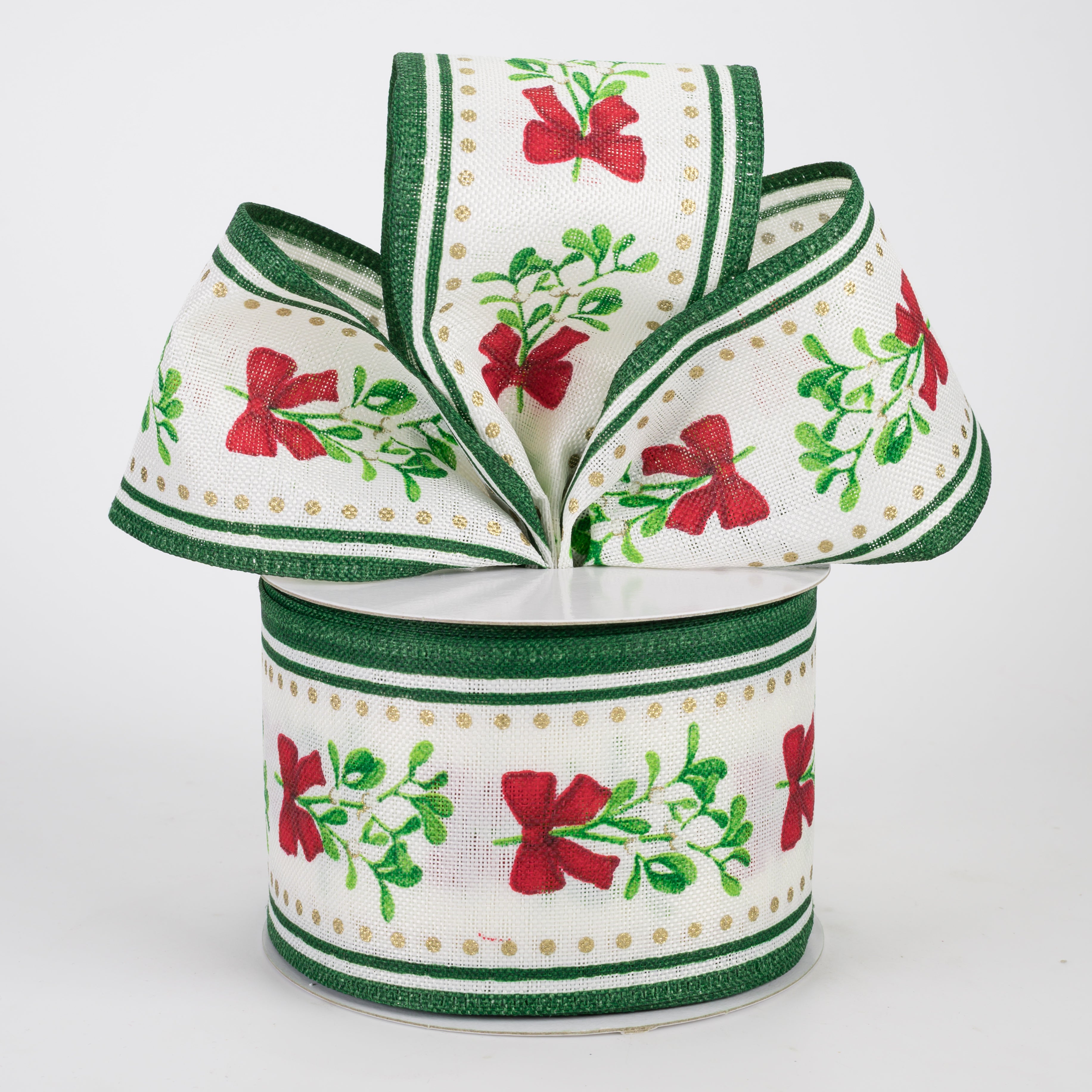 2.5" Linen Mistletoe Bows & Stripe Edges Ribbon: Green & Ivory (10 Yards)