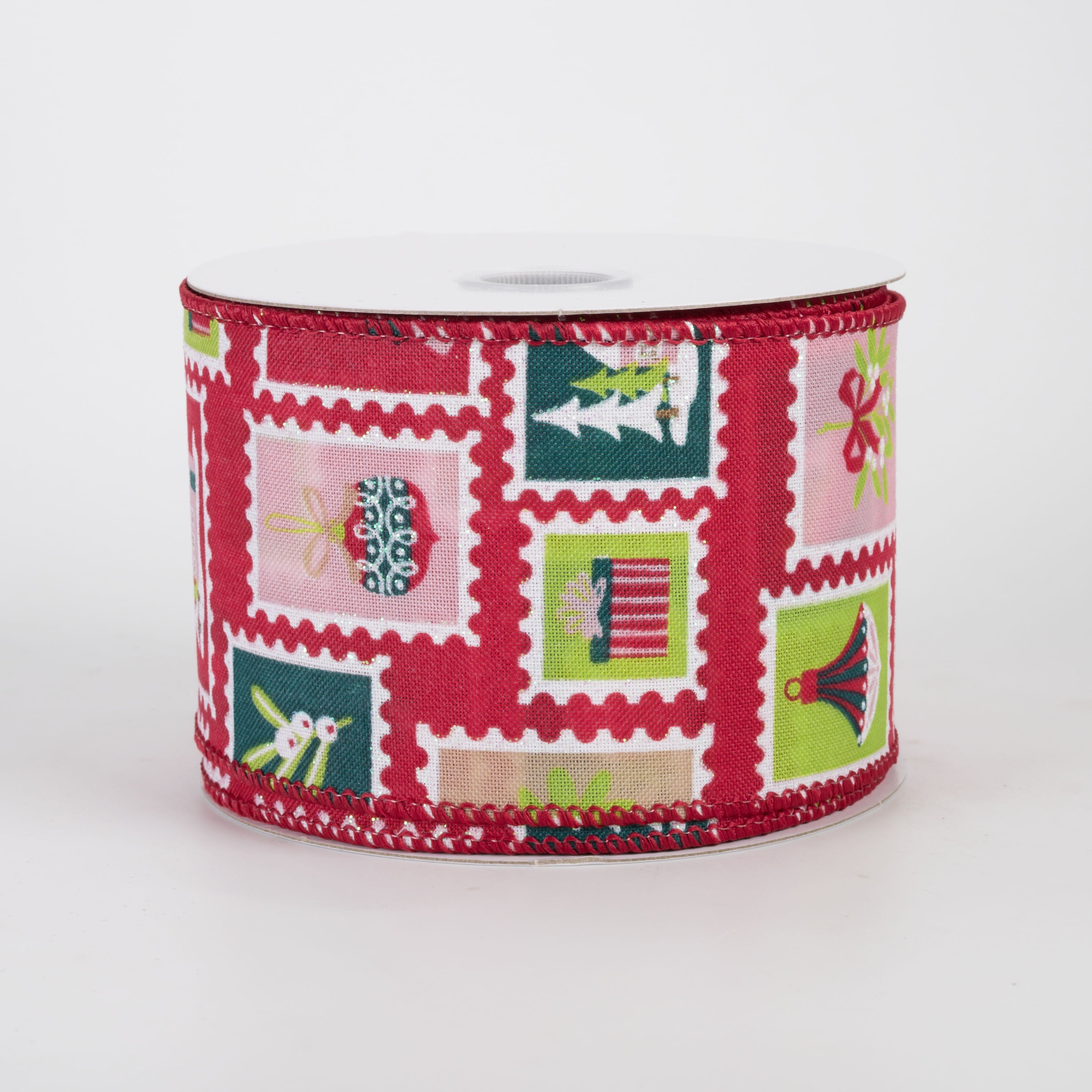 2.5" Satin Christmas Postage Stamps Ribbon: Red (10 Yards)