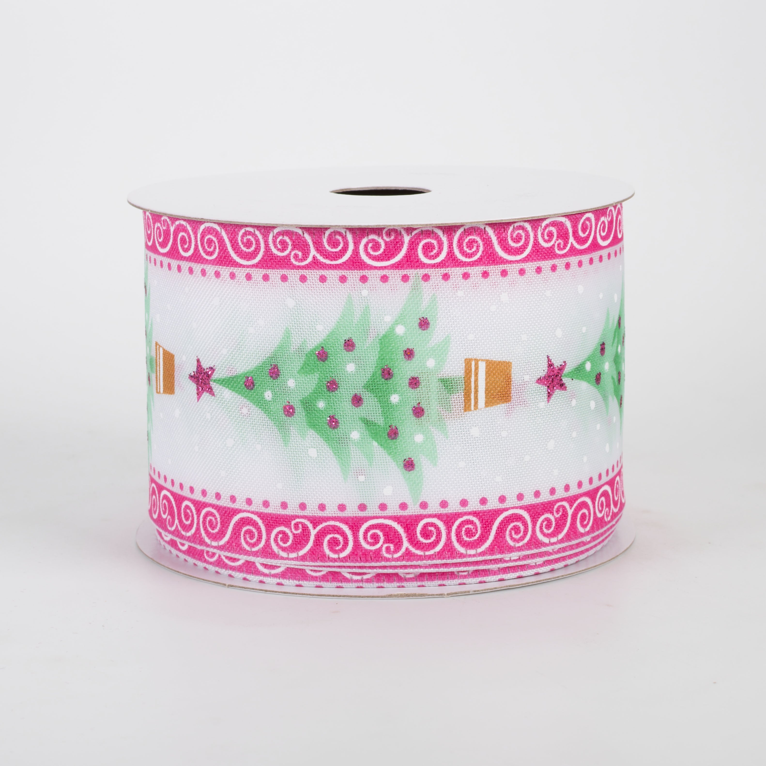 2.5" Christmas Trees & Swirl Edges Ribbon: Mint & Pink (10 Yards)