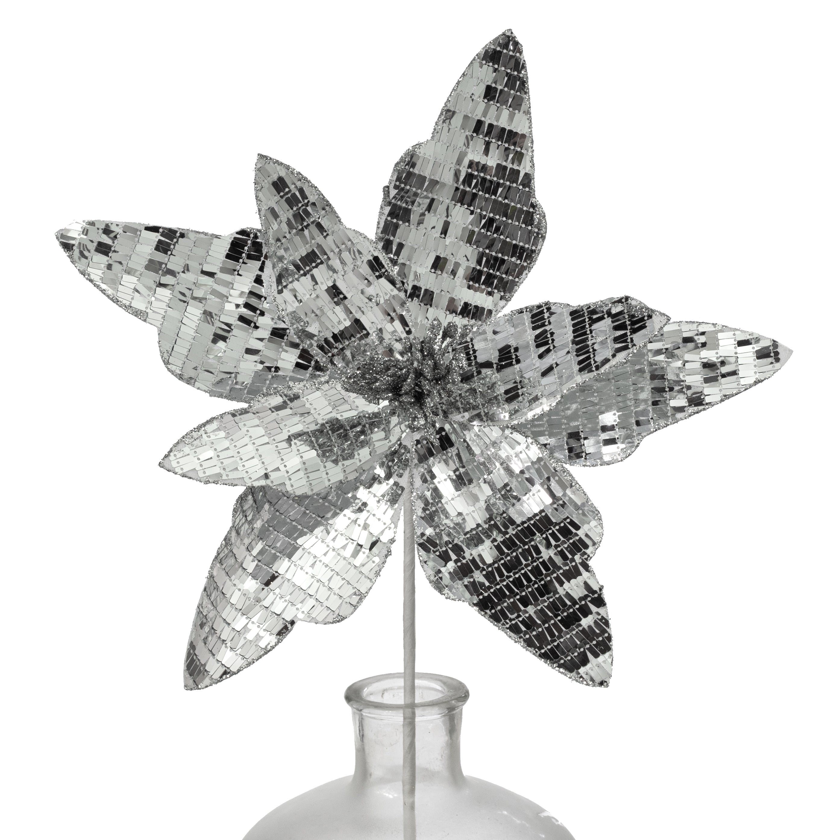 20" Sequin Fabric Poinsettia Stem: Silver