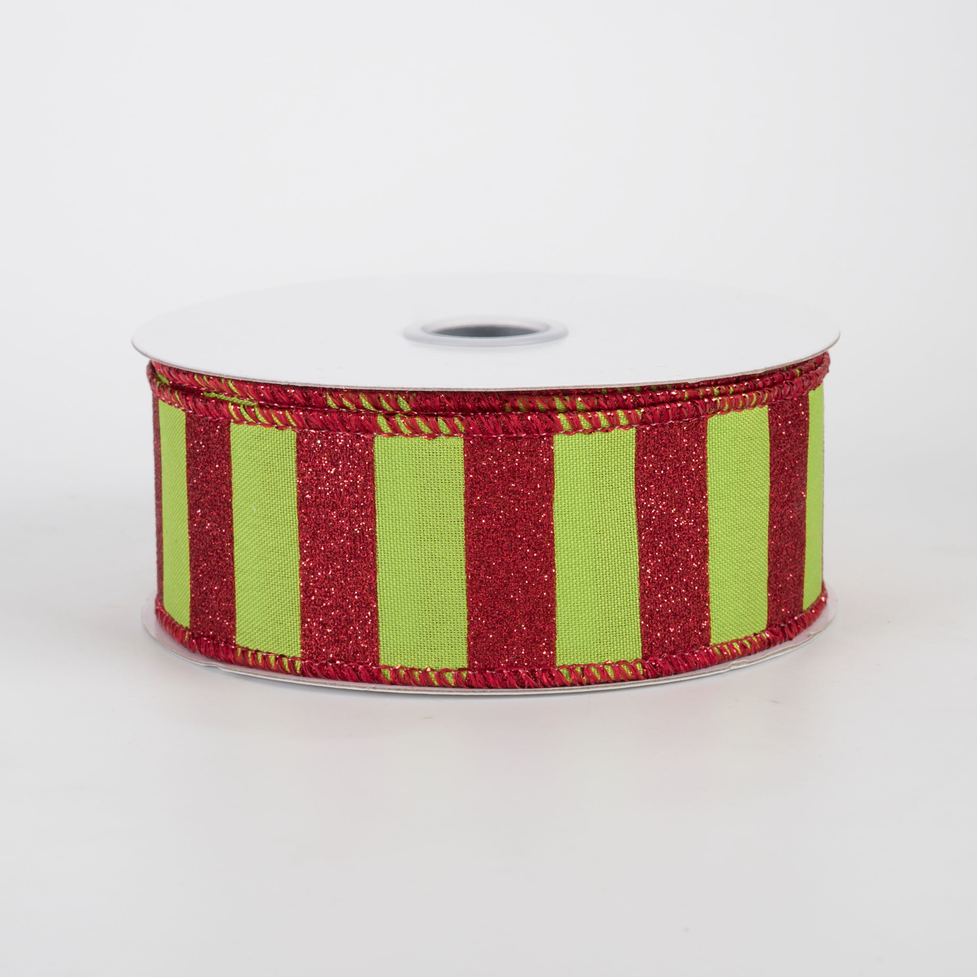 1.5" Horizontal Glitter Stripes Ribbon: Red on Lime Green (10 Yards)