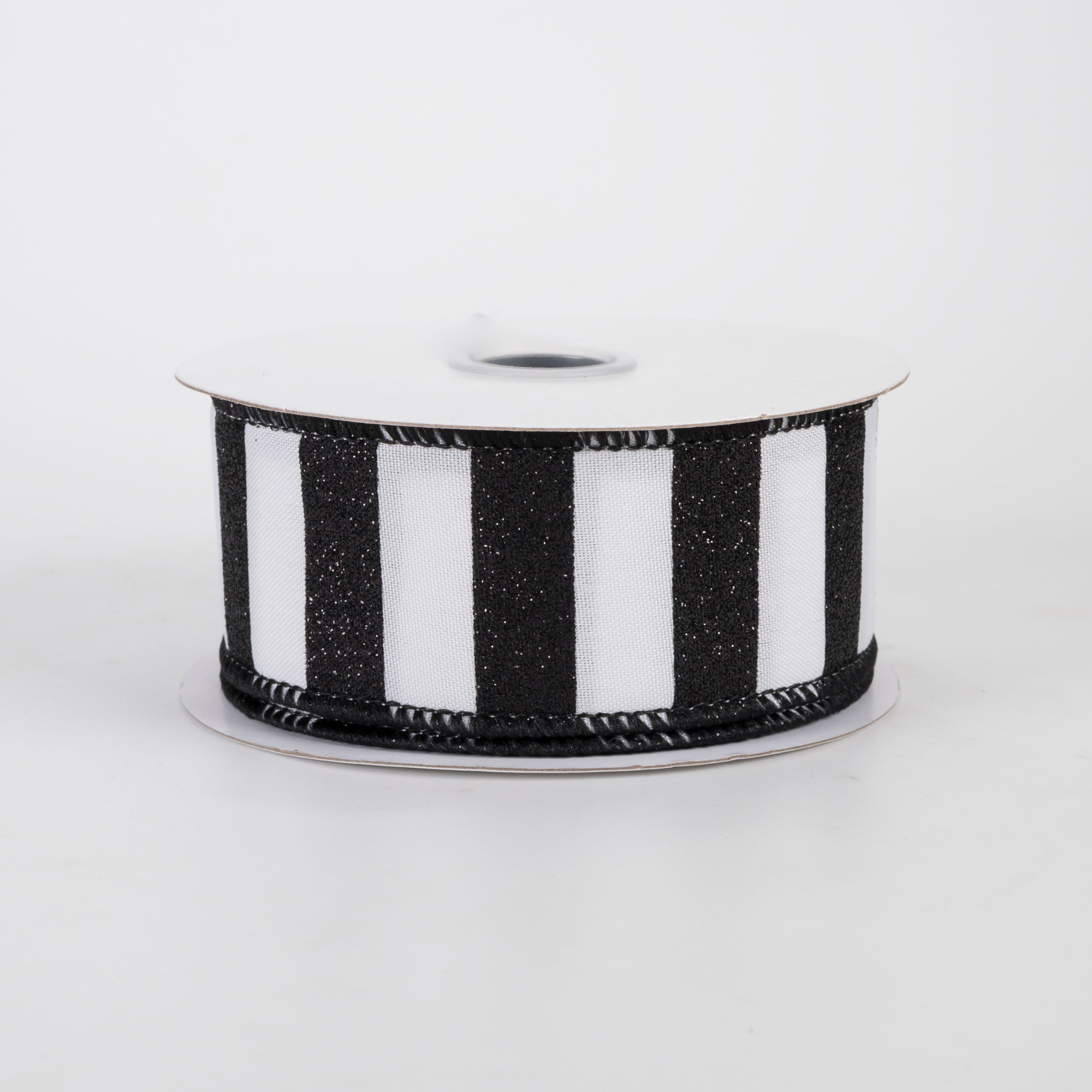 1.5" Horizontal Glitter Stripes Ribbon: Black on White (10 Yards)