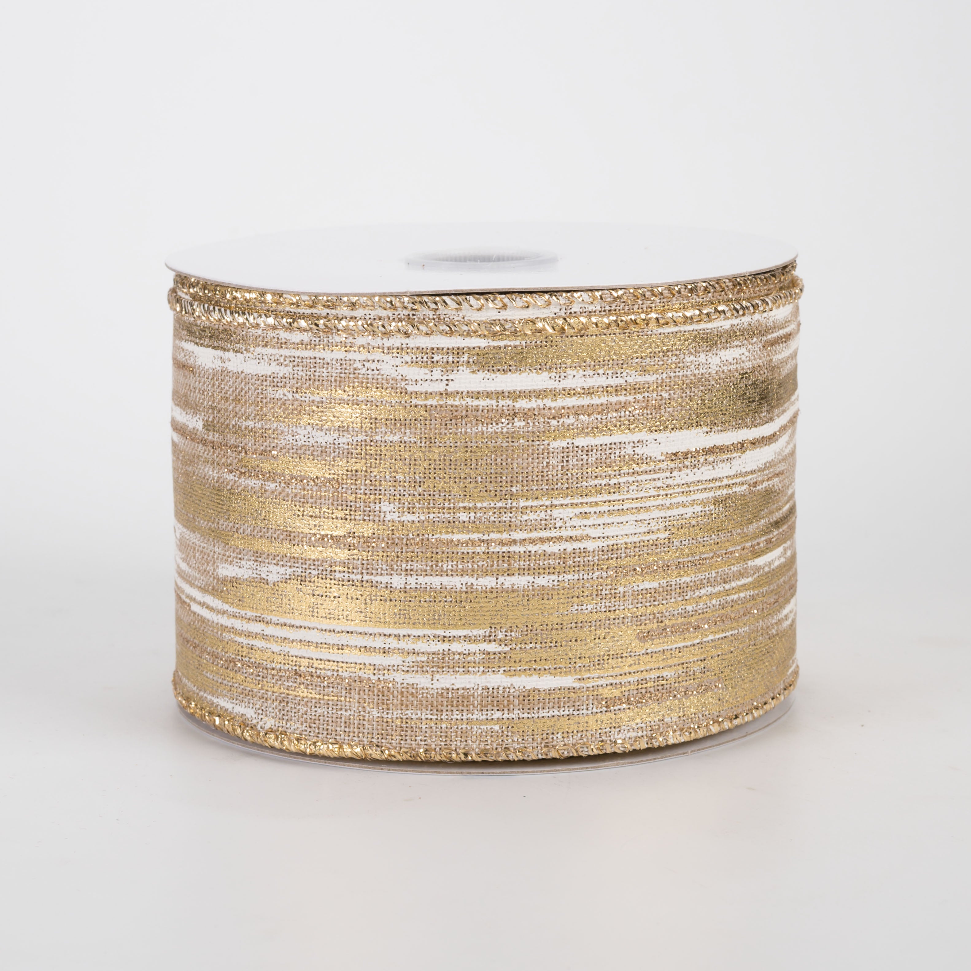 2.5" Linen Metallic Brushstrokes Ribbon: Cream & Gold on Natural (10 Yards)