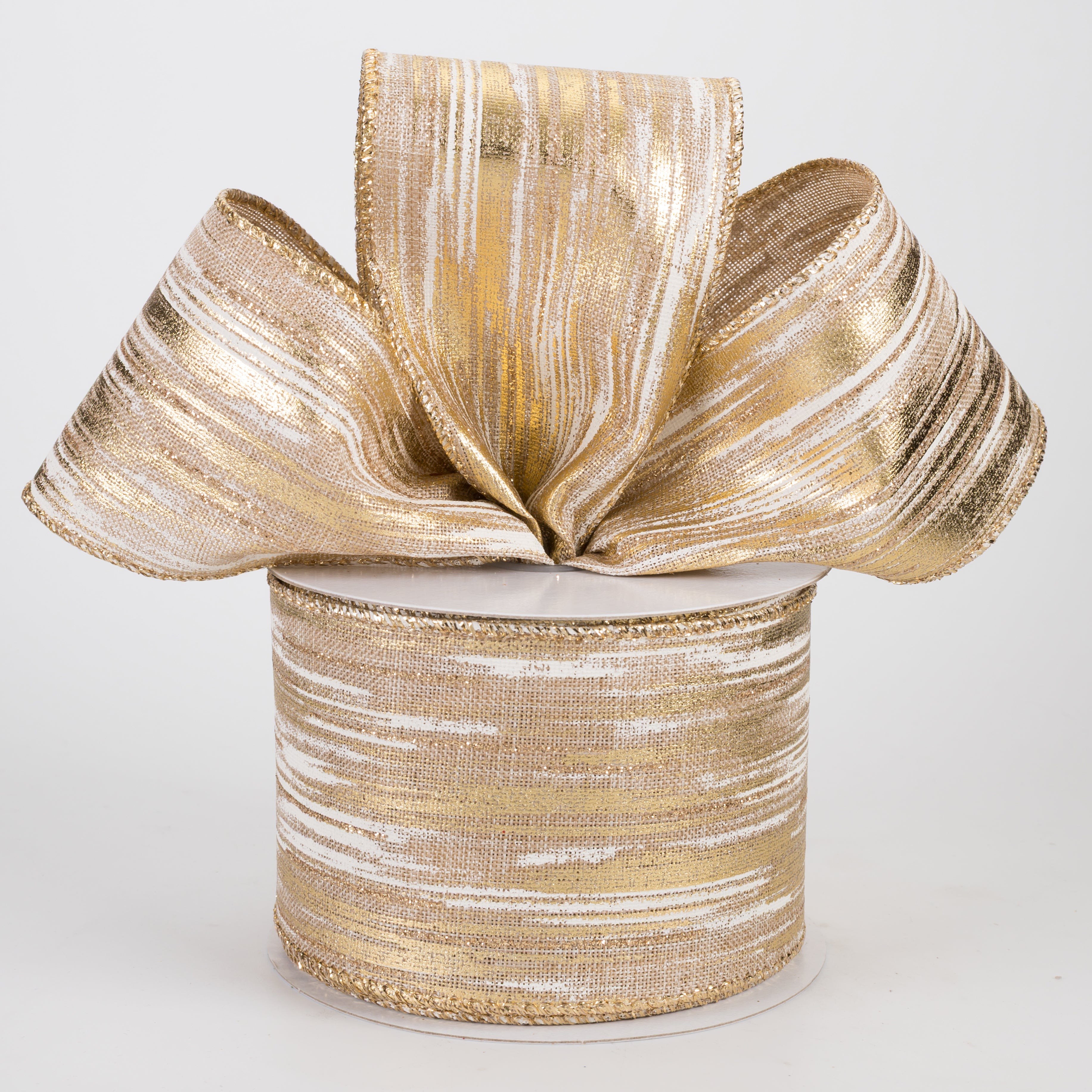 2.5" Linen Metallic Brushstrokes Ribbon: Cream & Gold on Natural (10 Yards)