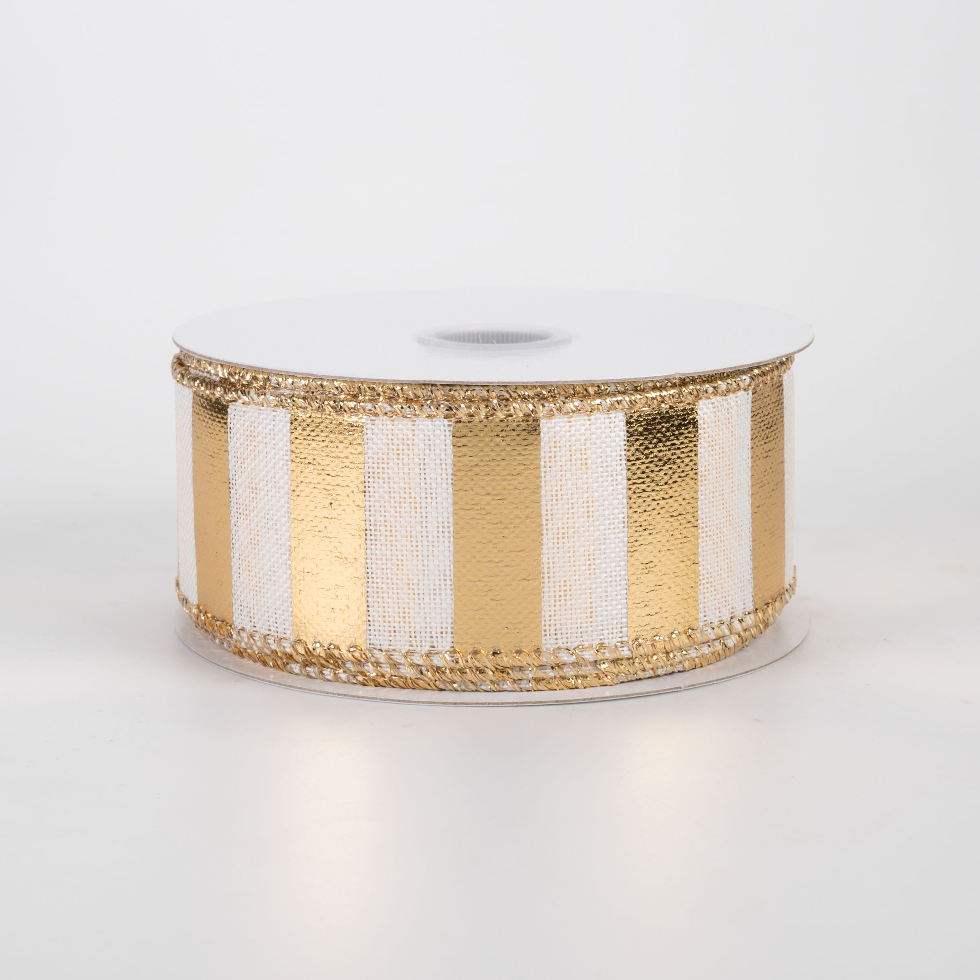 1.5" Linen Embossed Metallic Stripes Ribbon: Gold on White (10 Yards)