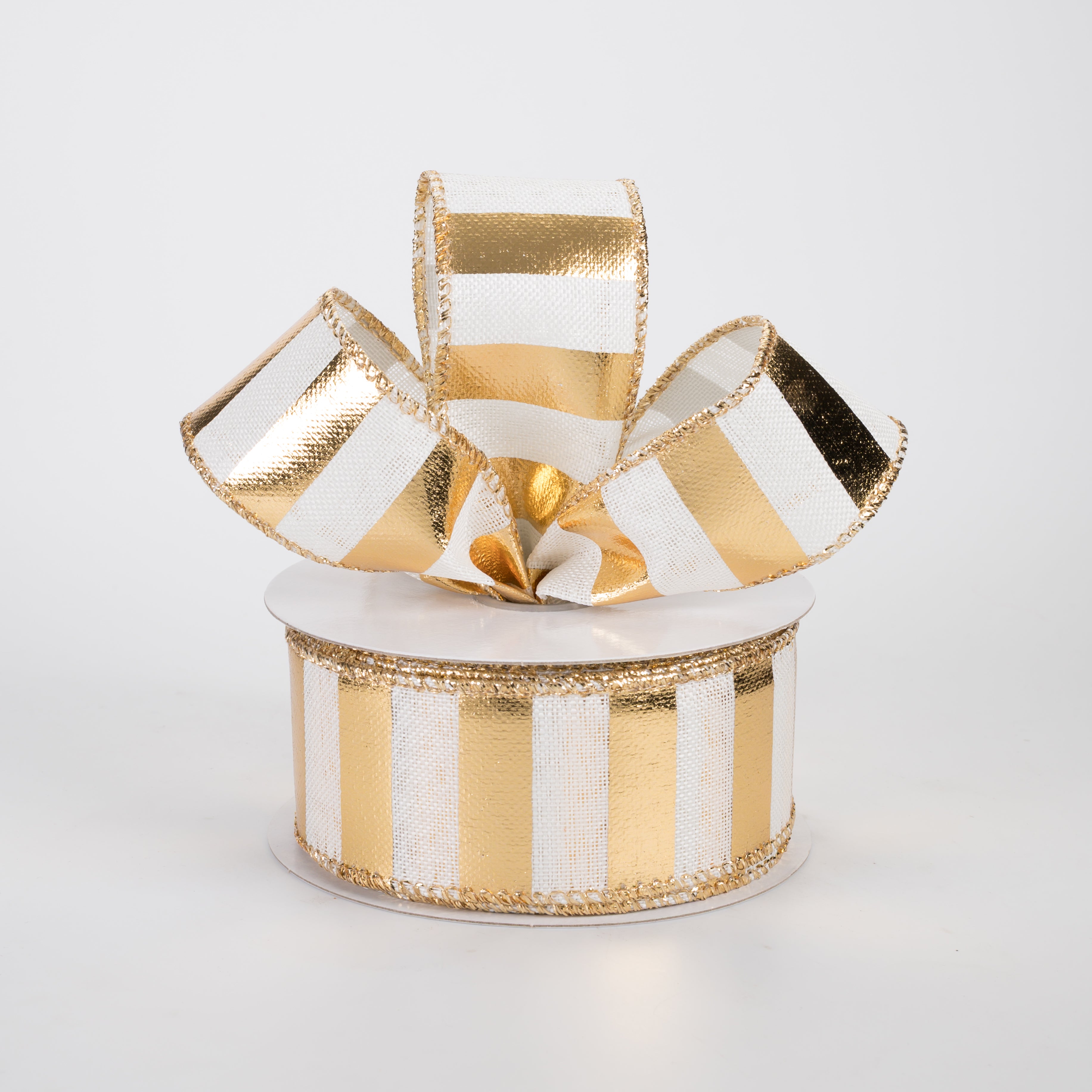 1.5" Linen Embossed Metallic Stripes Ribbon: Gold on White (10 Yards)
