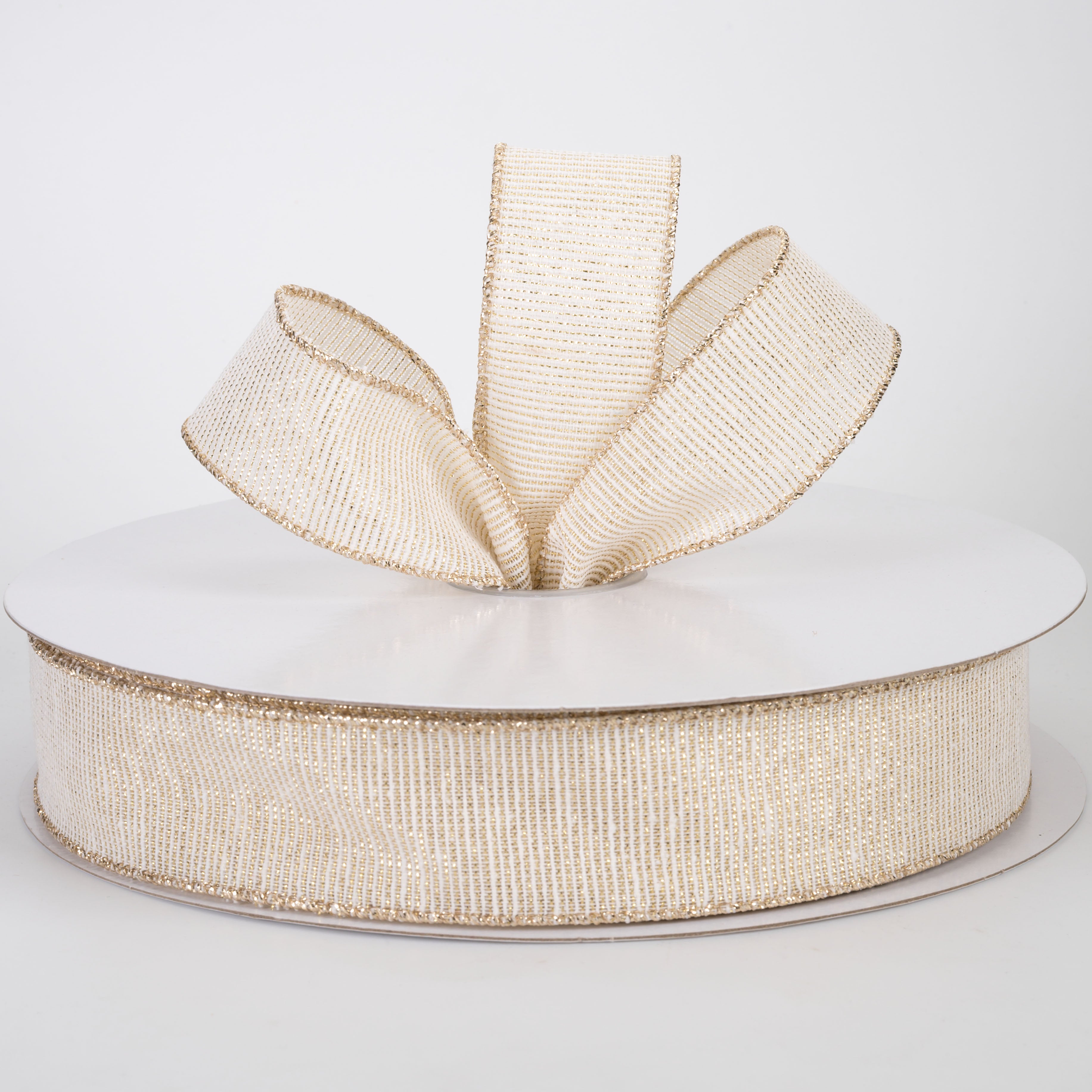 1.5" Ribbed Metallic Linen Ribbon: Ivory & Gold (50 Yards)