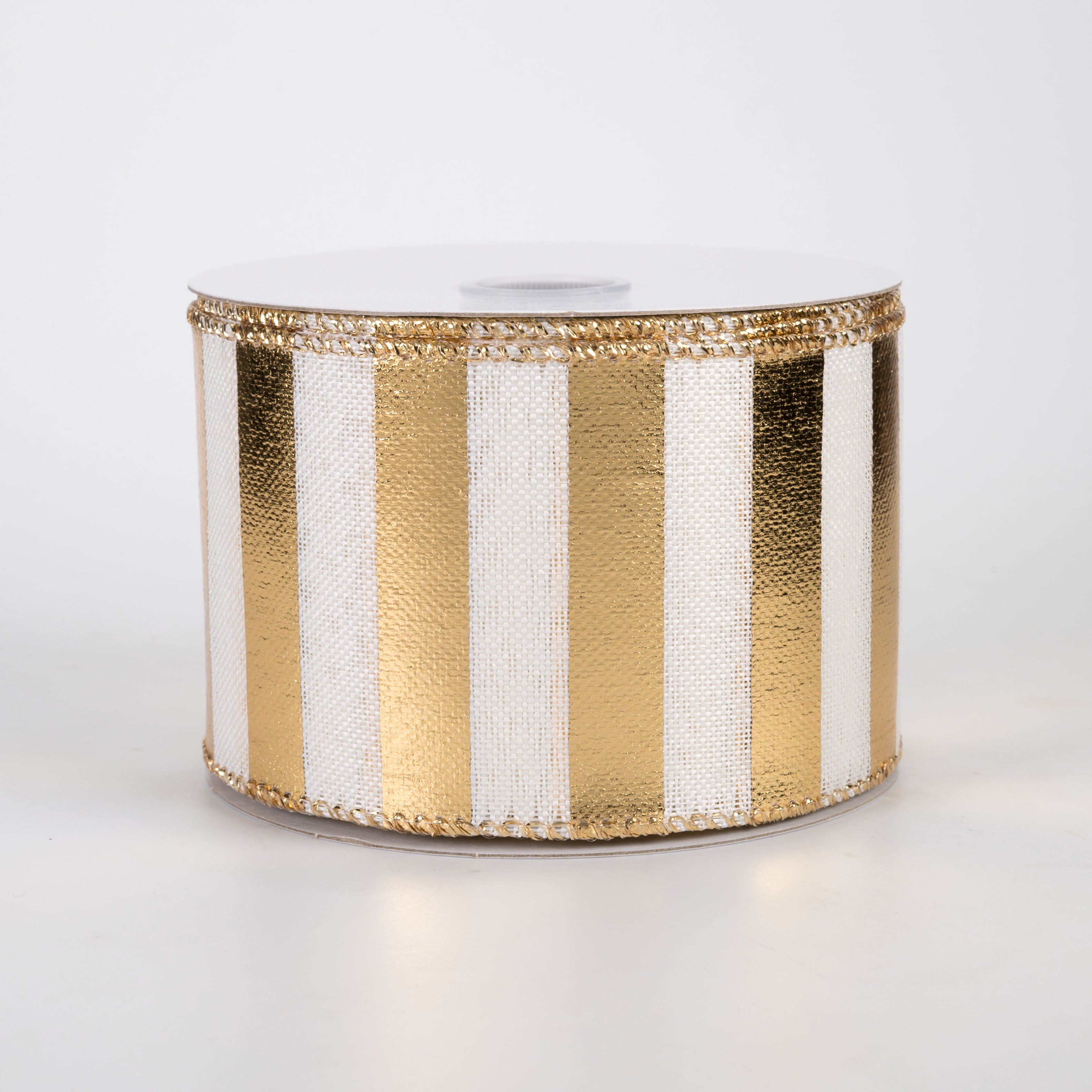 2.5" Linen Embossed Metallic Stripes Ribbon: Gold on White (10 Yards)