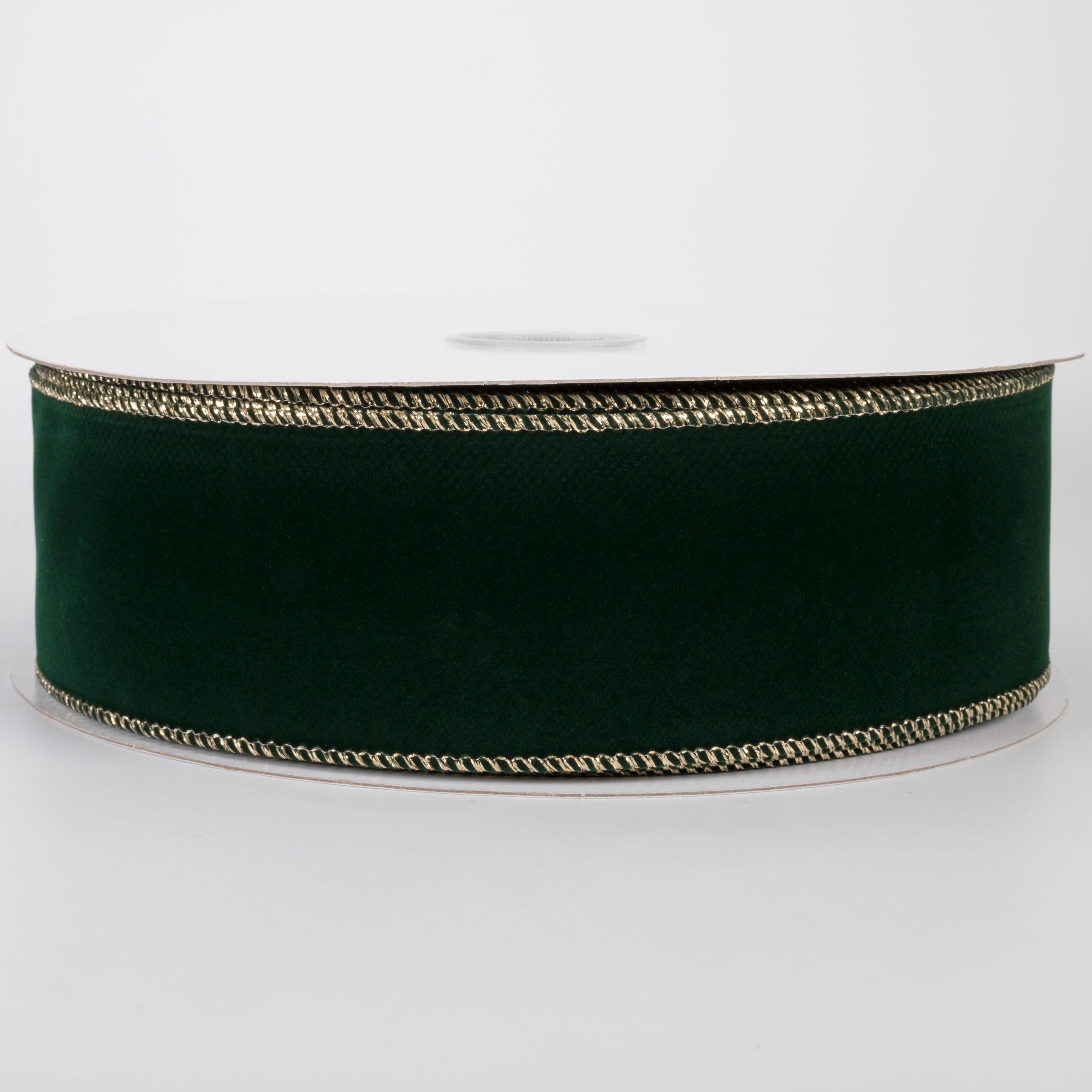 2.5" Stitched Edge Velvet Ribbon: Hunter Green with Gold (50 Yards)