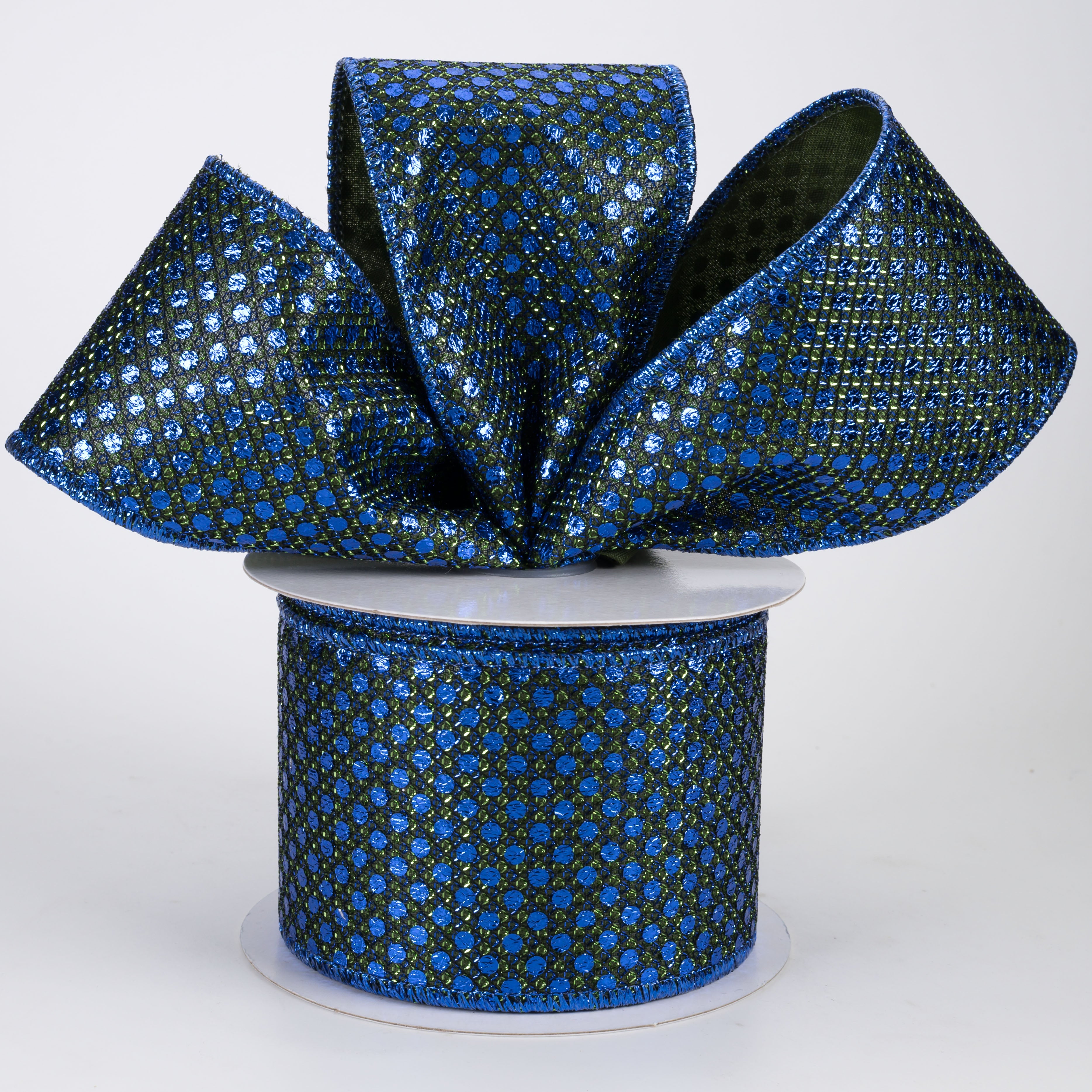 2.5" Metallic Dragon Scale Dots Ribbon: Moss & Royal Blue (10 Yards)