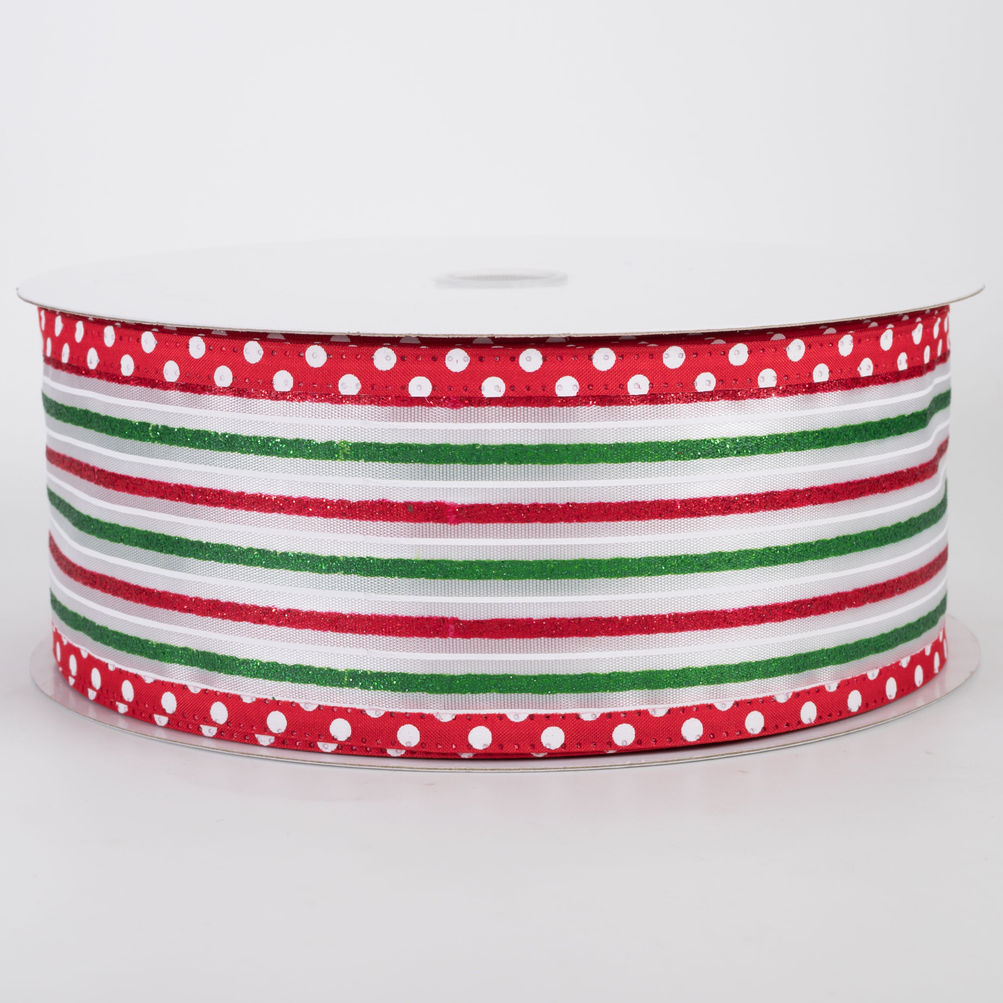 2.5" Satin Glitter Stripes Polka Dot Edge Ribbon: Red, White, Green (50 Yards)