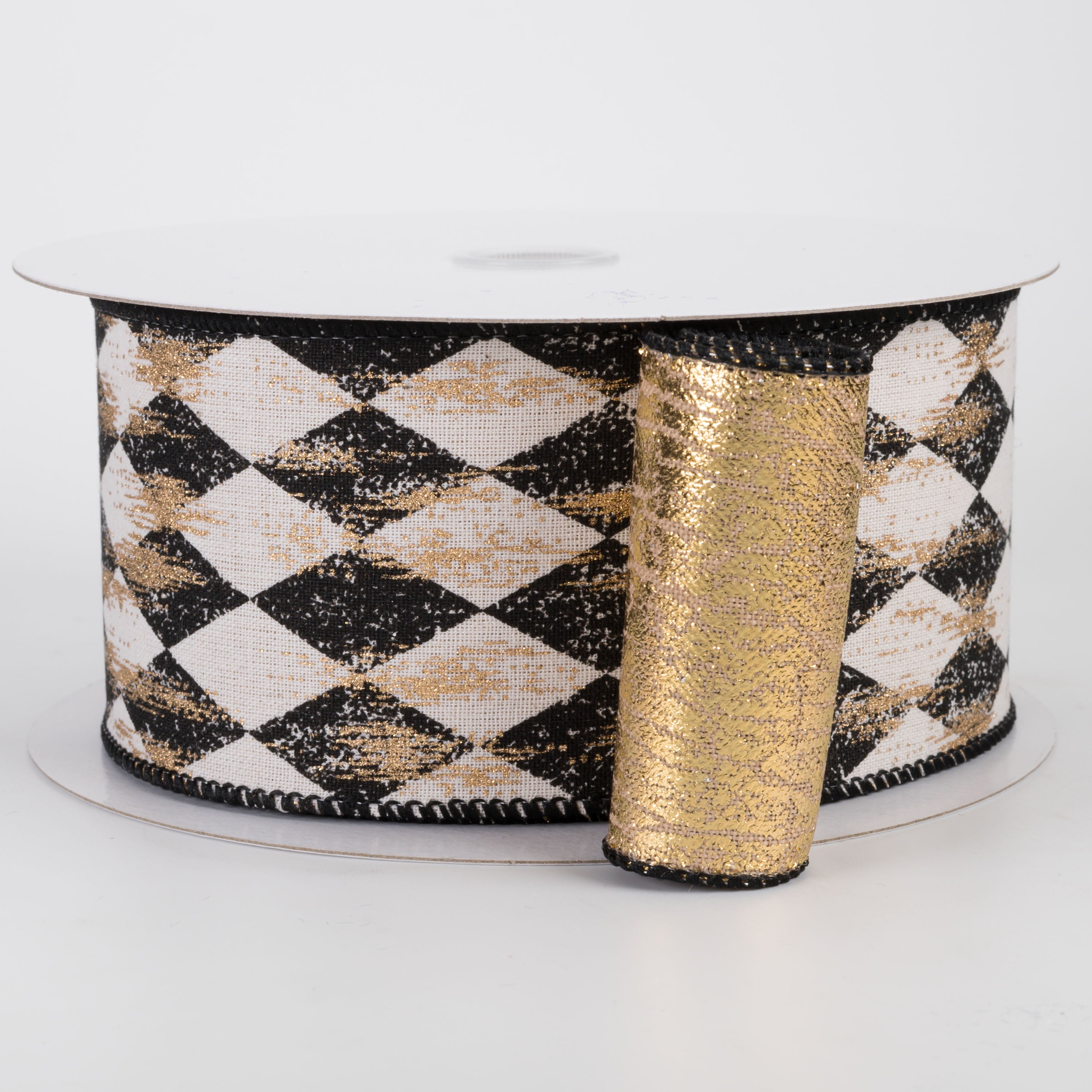 2.5" Double Sided Canvas Harlequin Gold Painted Ribbon: Cream & Black (10 Yards)