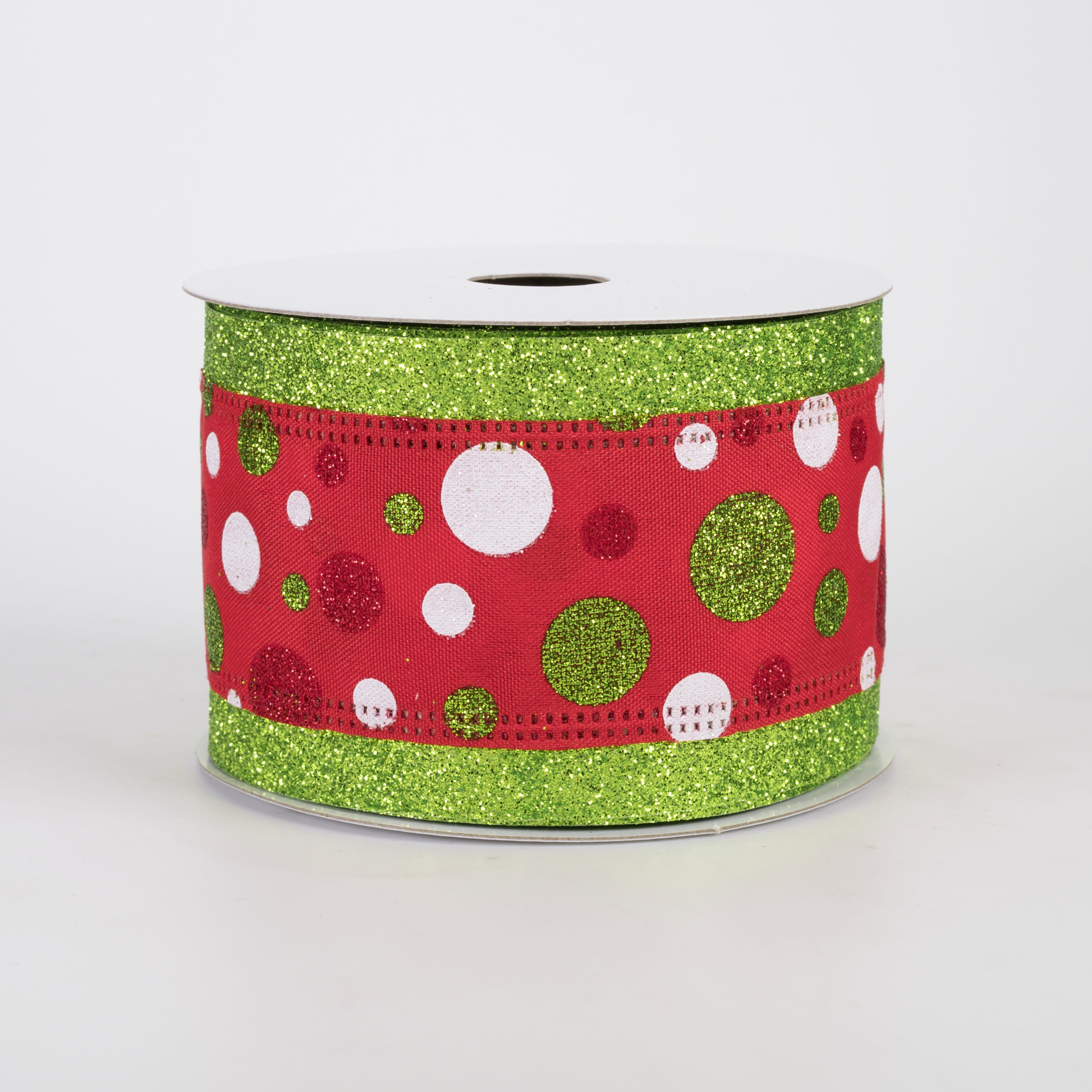 2.5" Varied Polka Dots Glitter Edge Ribbon: White, Lime, Red (10 Yards)