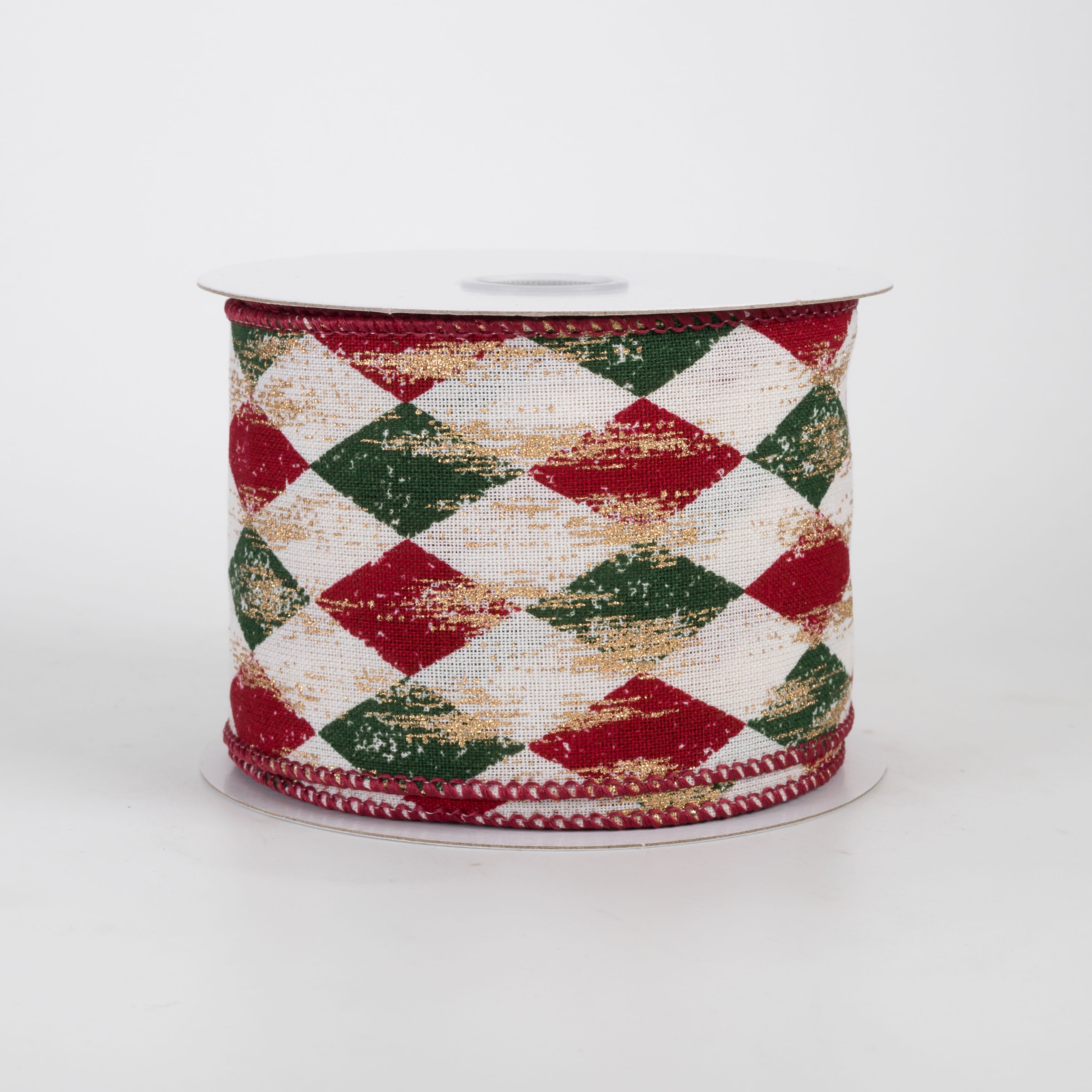 2.5" Canvas Harlequin Gold Painted Ribbon: Cream, Dark Red & Green (10 Yards)