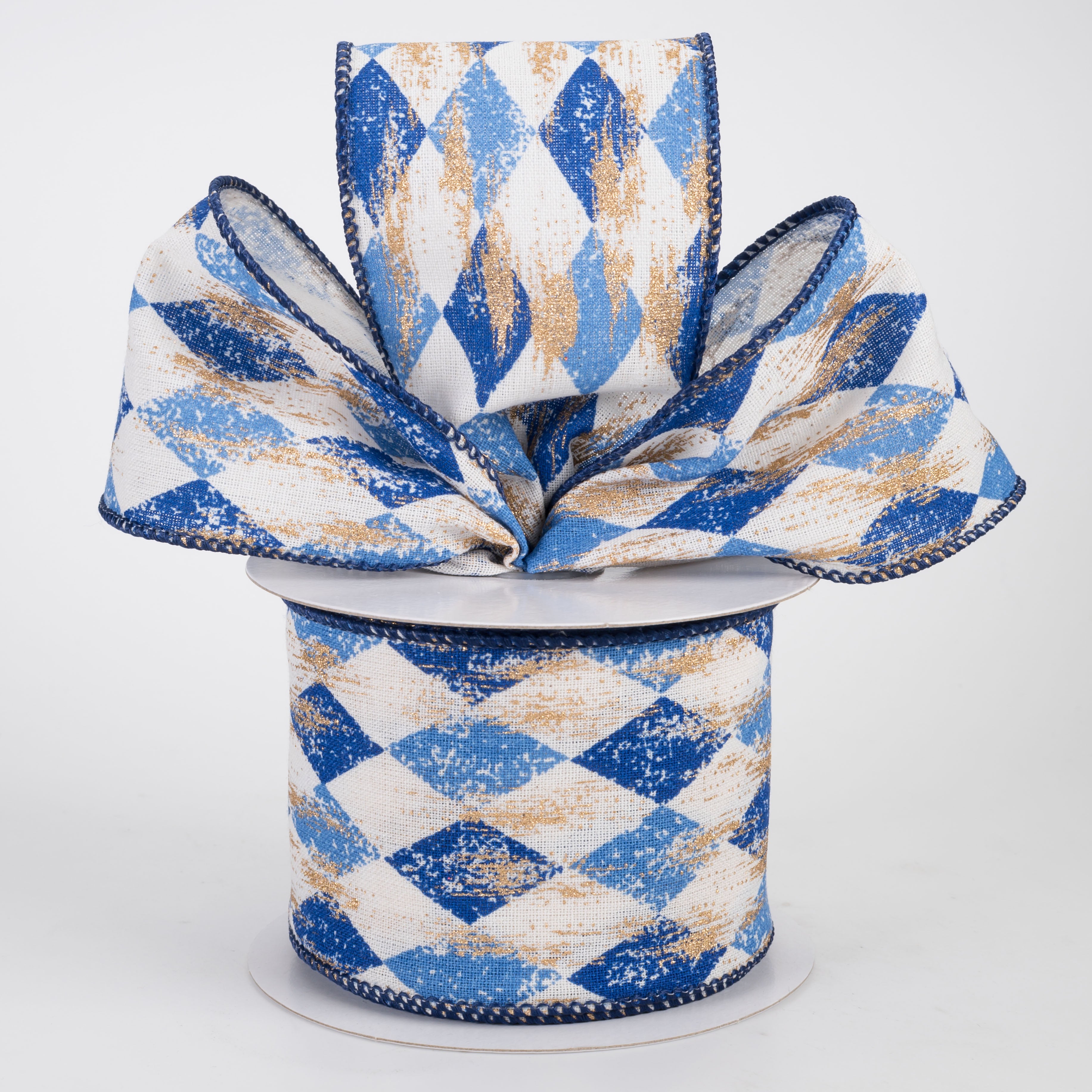 2.5" Canvas Harlequin Gold Painted Ribbon: Cream, Blue & Navy (10 Yards)
