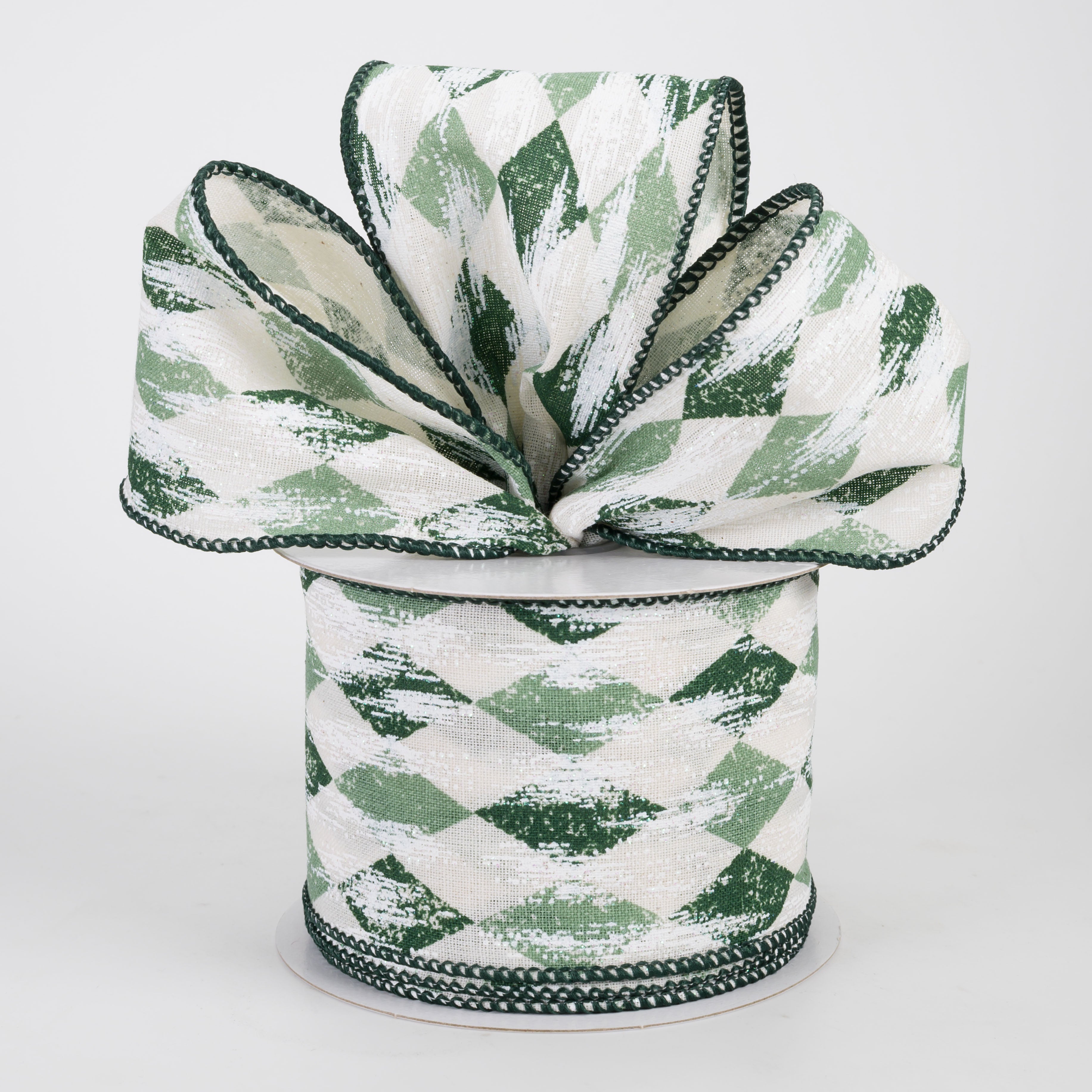 2.5" Canvas Harlequin White Painted Ribbon: Cream, Sage & Hunter (10 Yards)
