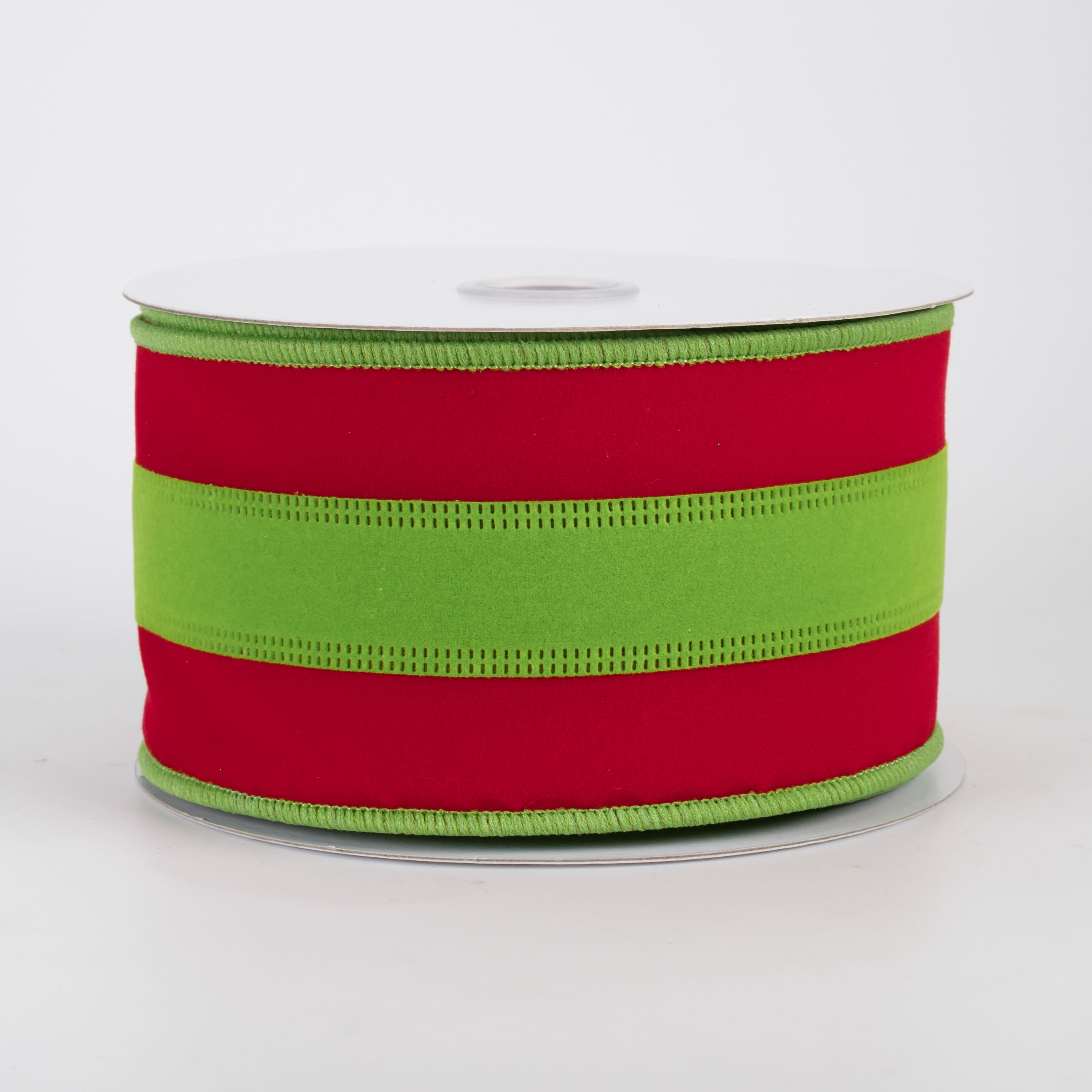 2.5" Velvet Center Stripe Ribbon: Red & Lime Green (10 Yards)