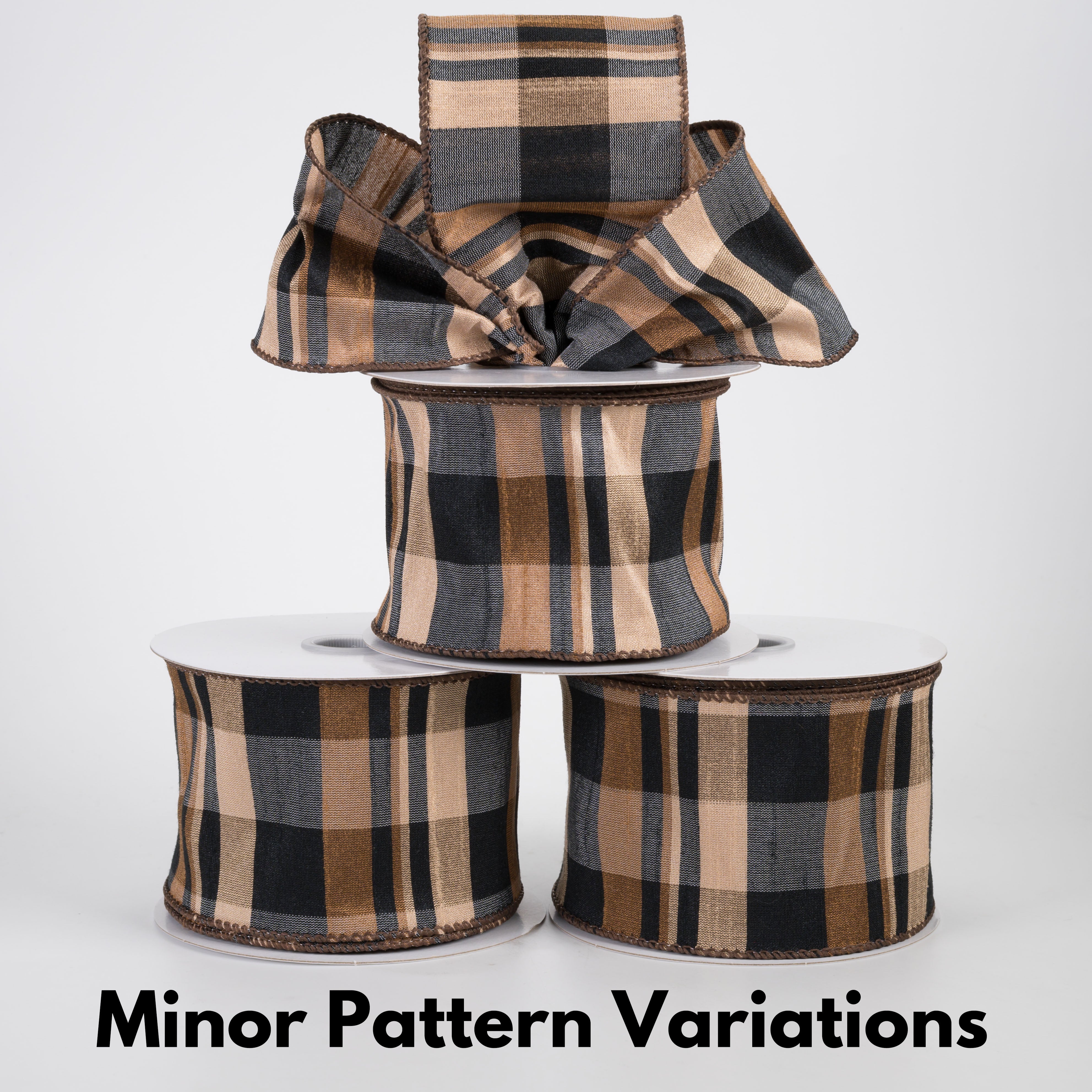 2.5" Faux Dupioni Plaid Ribbon: Brown, Tan, Black (10 Yards)