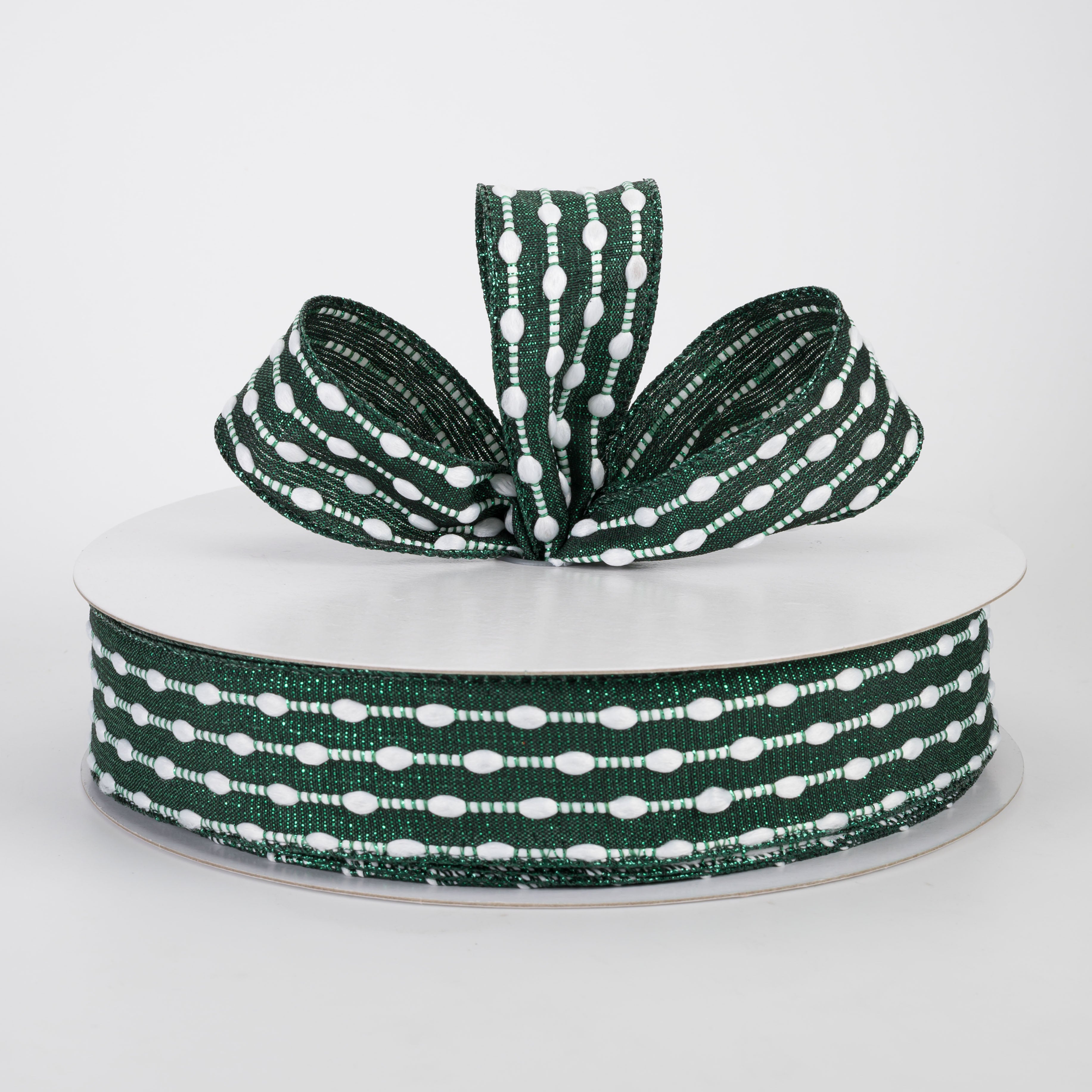1.5" White Snowball Weave Ribbon: Green Metallic (50 Yards)