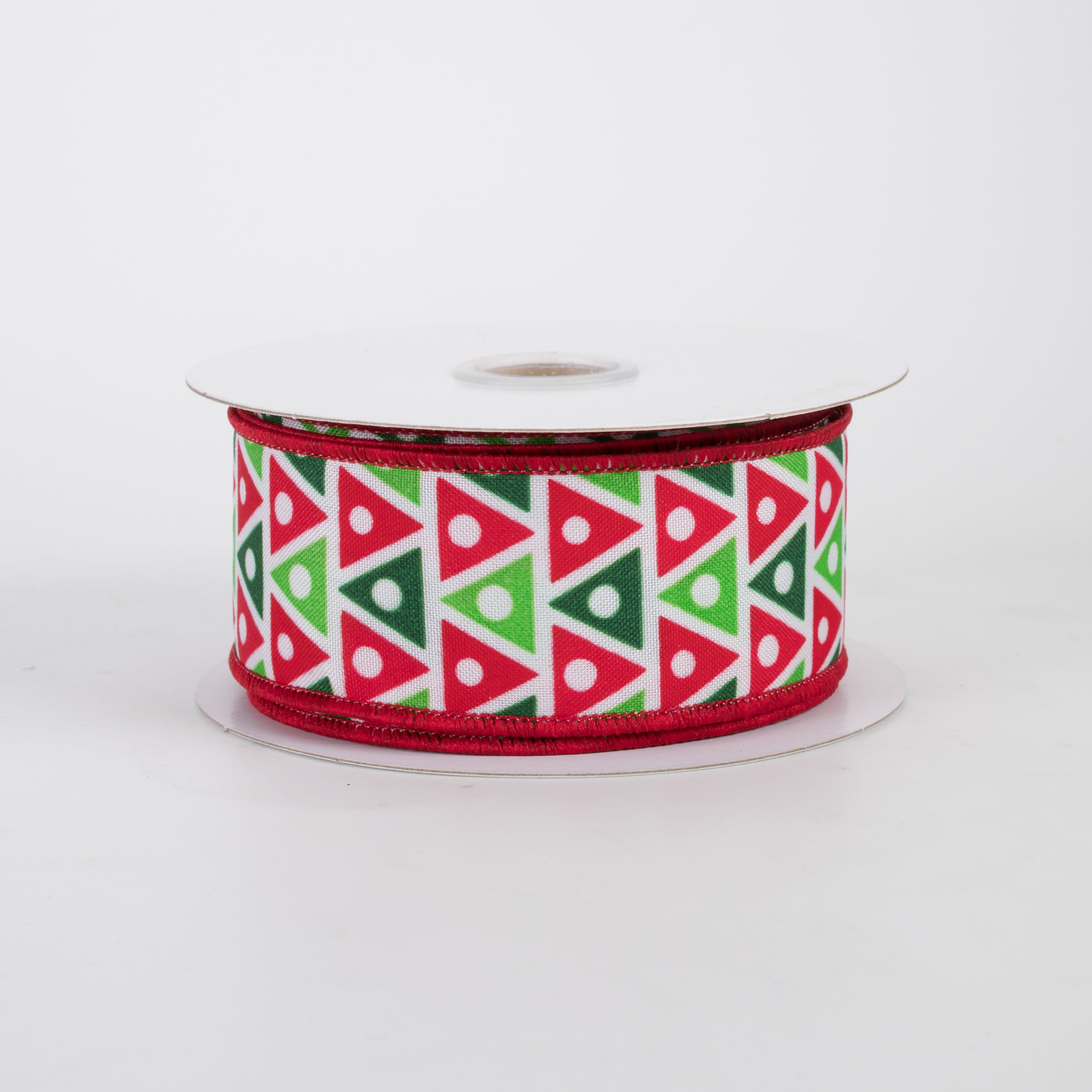 1.5" Triangle Dots Ribbon: Red, Lime & Emerald on White (10 Yards)
