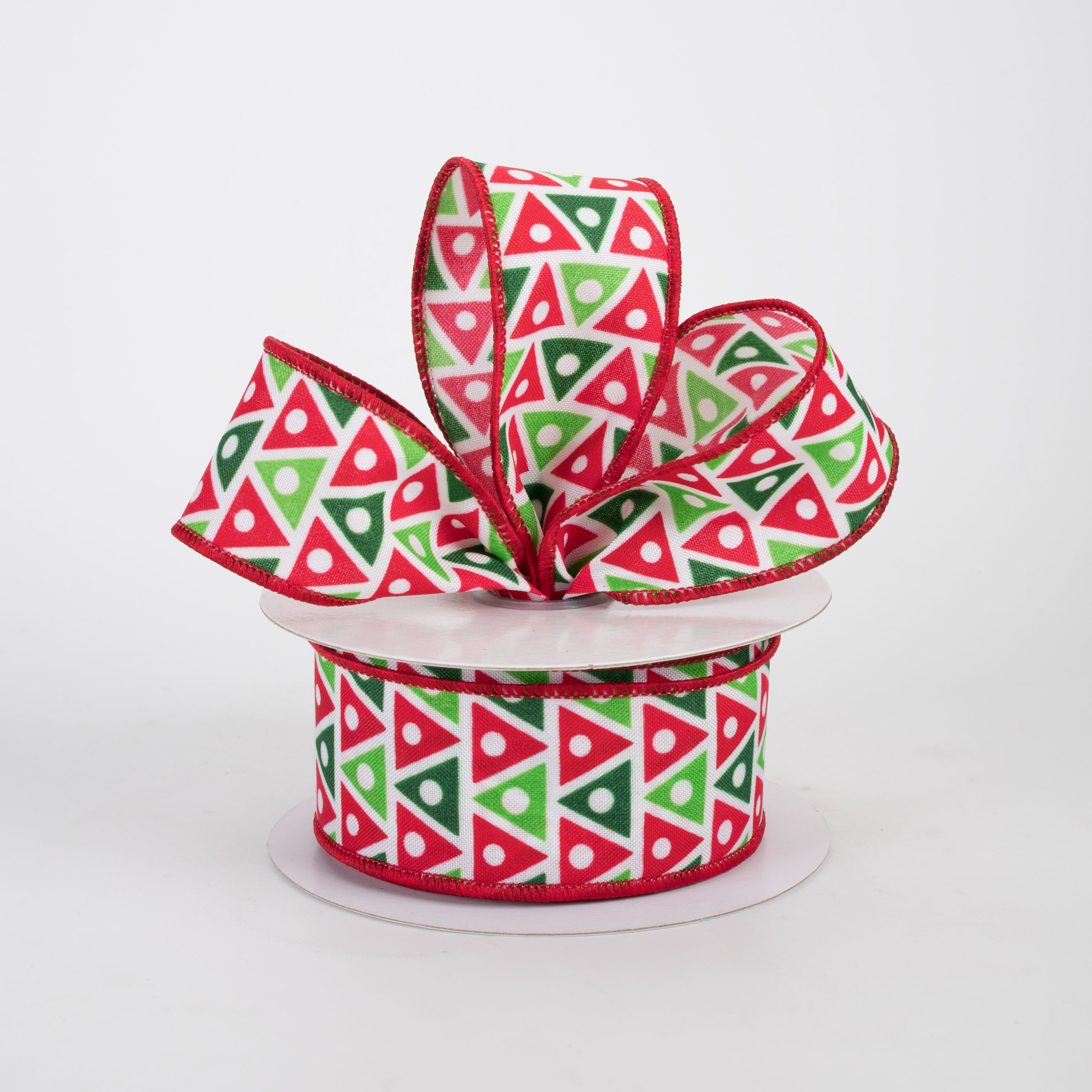 1.5" Triangle Dots Ribbon: Red, Lime & Emerald on White (10 Yards)