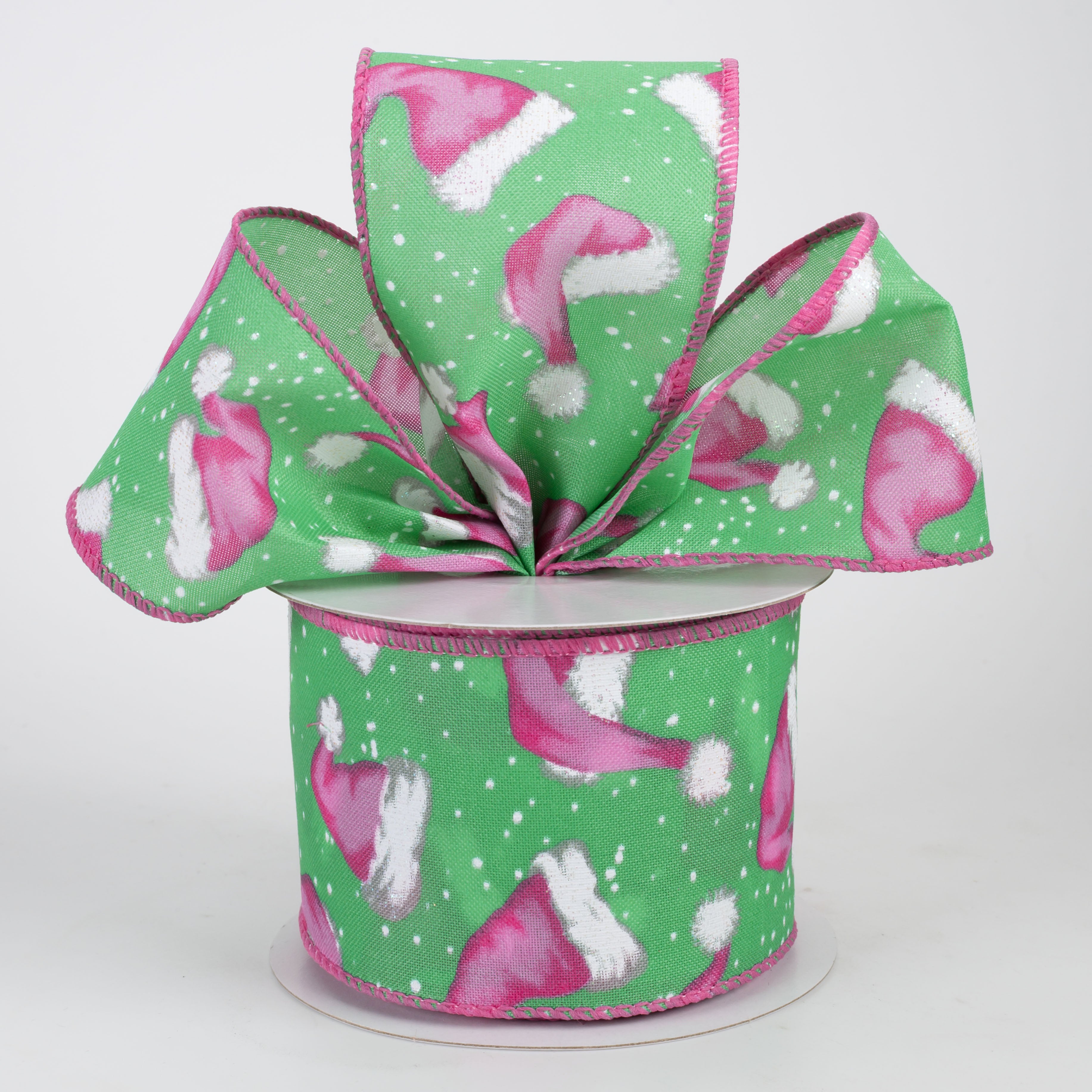 2.5" Santa Hats in Snow Satin Ribbon: Mint Green & Pink (10 Yards)