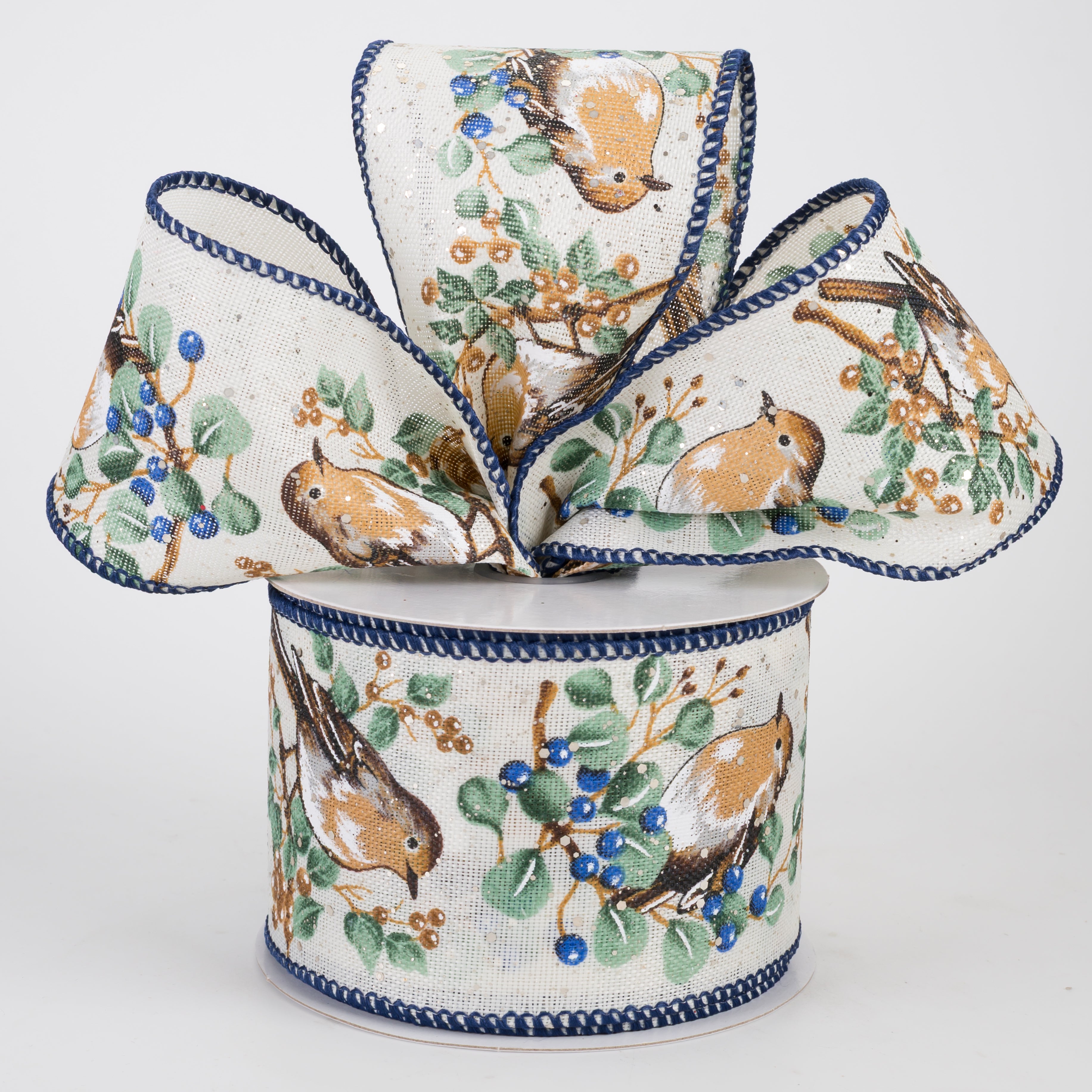 2.5" Linen Bird on Berry Branches Ribbon: Ivory (10 Yards)