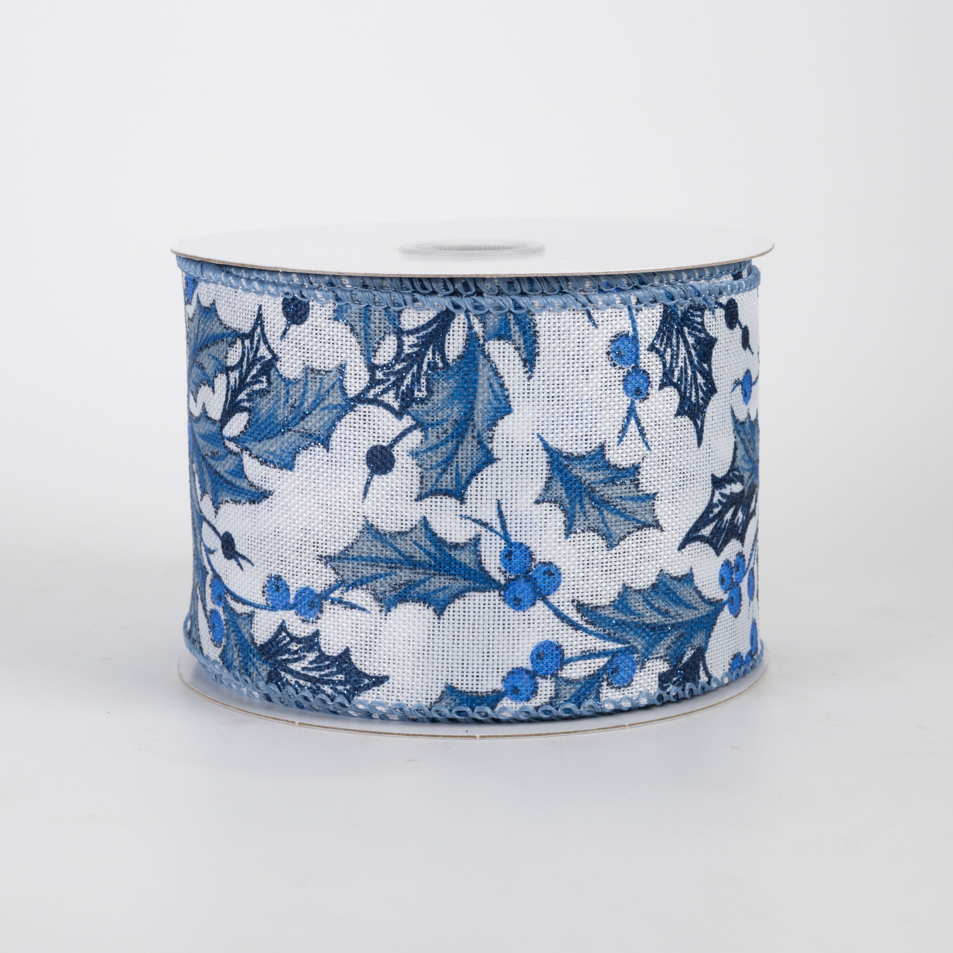 2.5" Linen Chinoiserie Holly Leaves & Berries Ribbon: Blue on White (10 Yards)