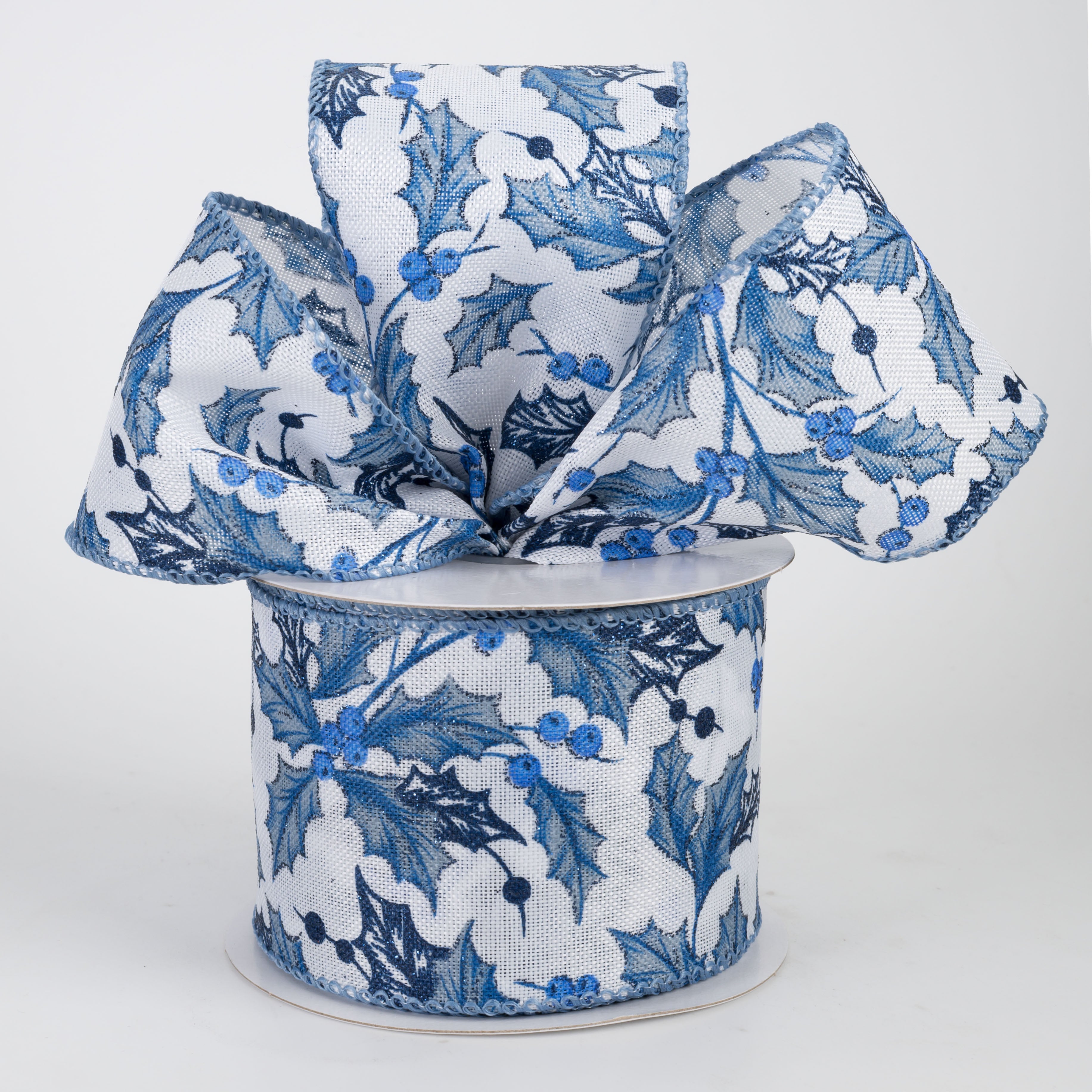 2.5" Linen Chinoiserie Holly Leaves & Berries Ribbon: Blue on White (10 Yards)