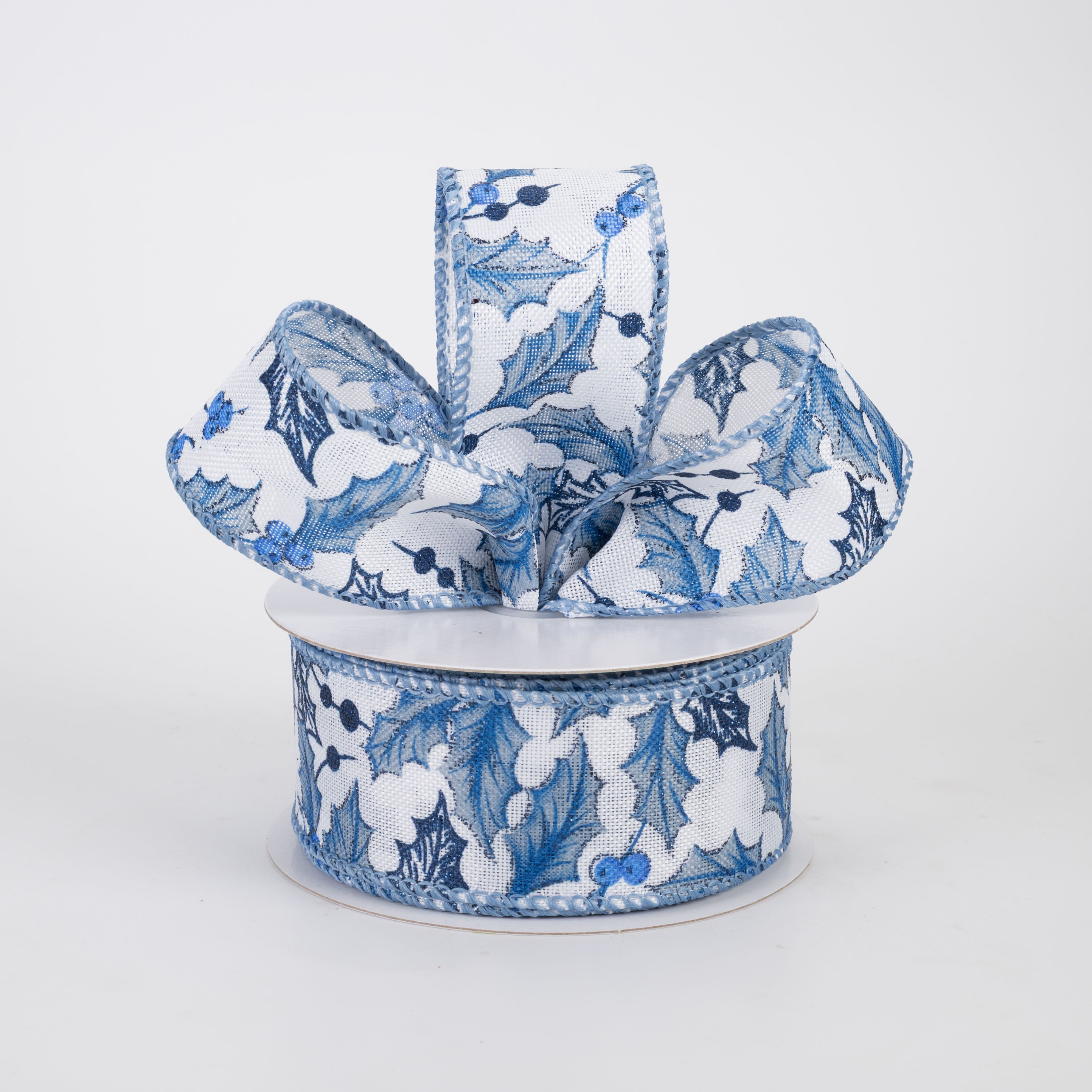 1.5" Linen Chinoiserie Holly Leaves & Berries Ribbon: Blue on White (10 Yards)