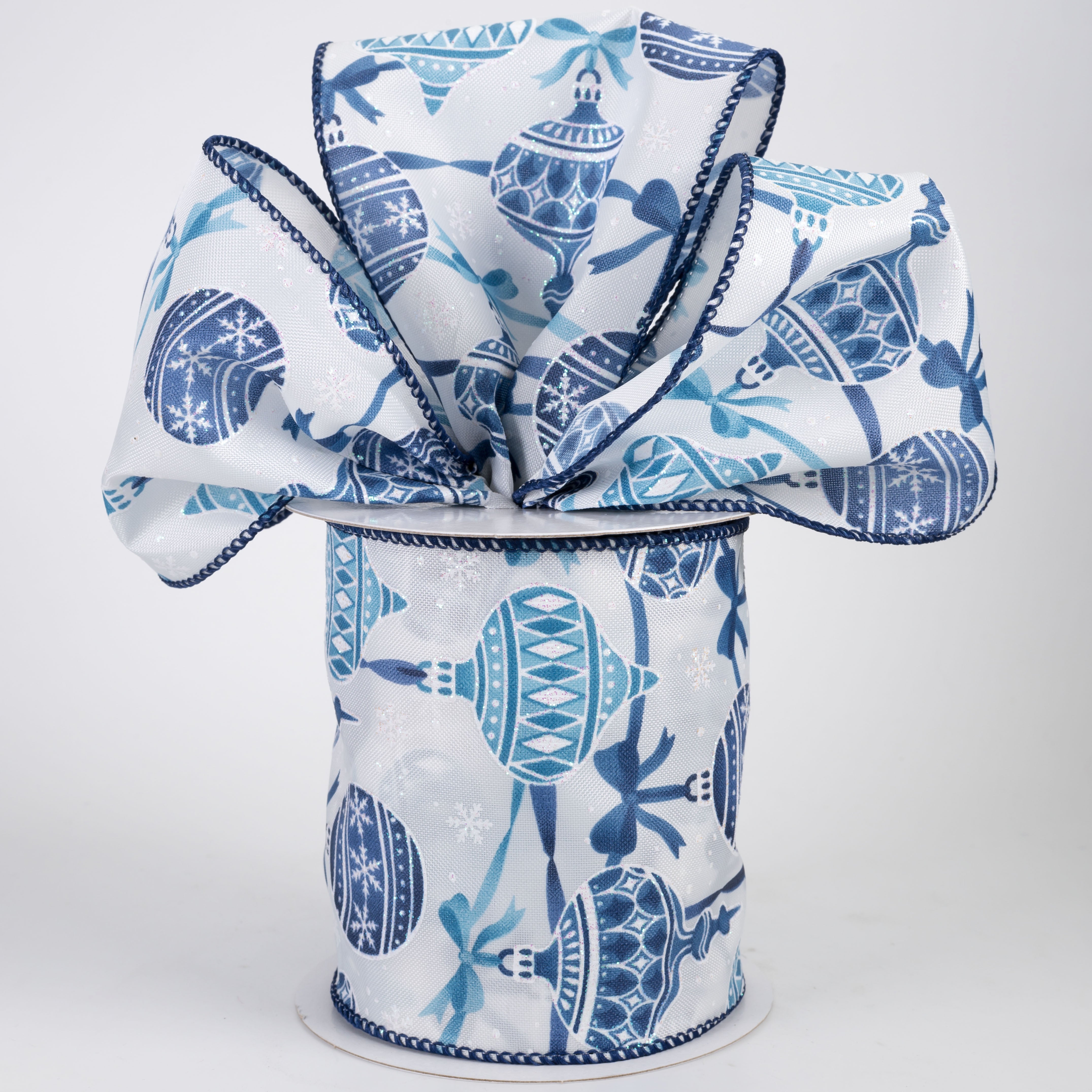 4" Linen Ornaments & Bows Ribbon: Blue & Navy on White (10 Yards)