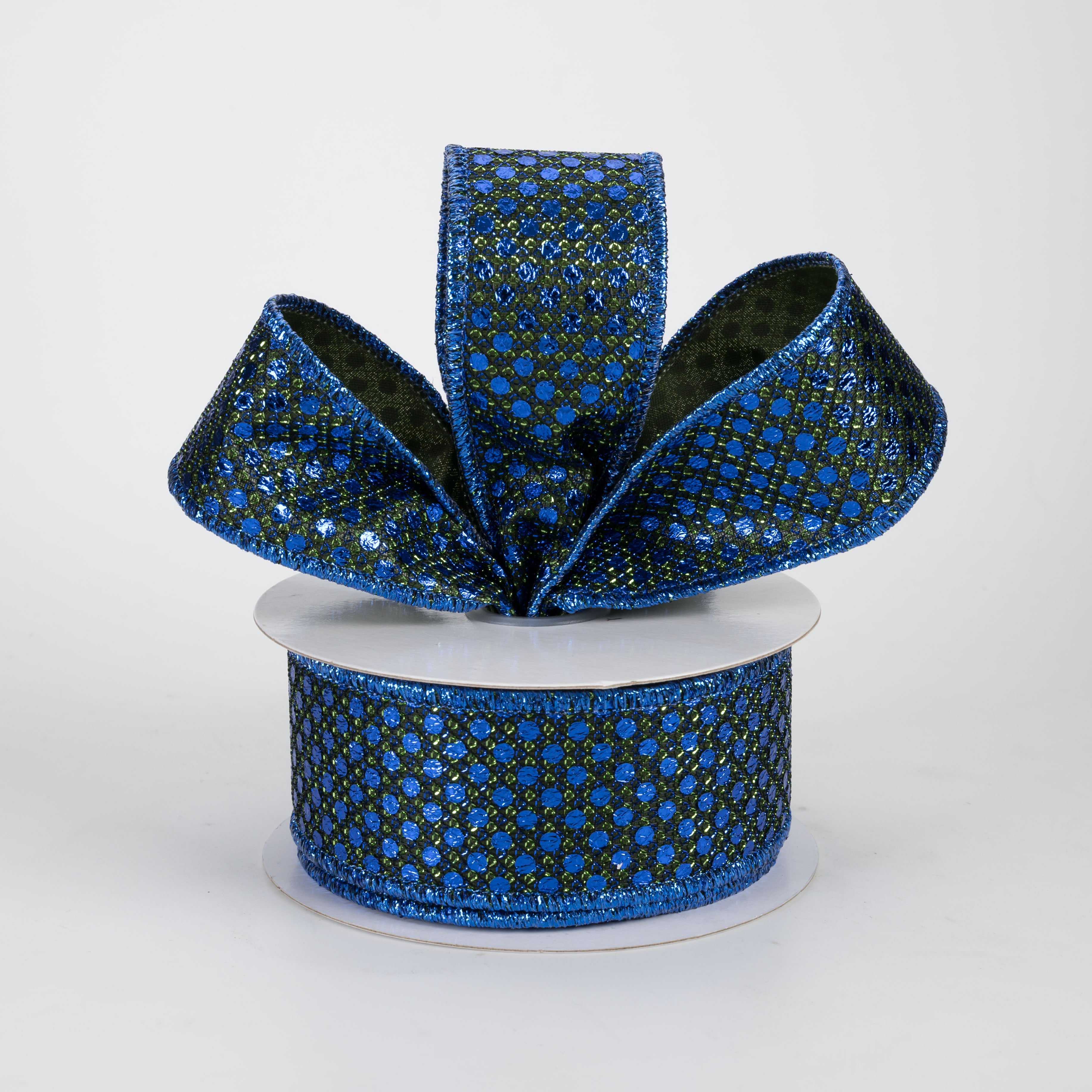 1.5" Metallic Dragon Scale Dots Ribbon: Moss & Royal Blue (10 Yards)
