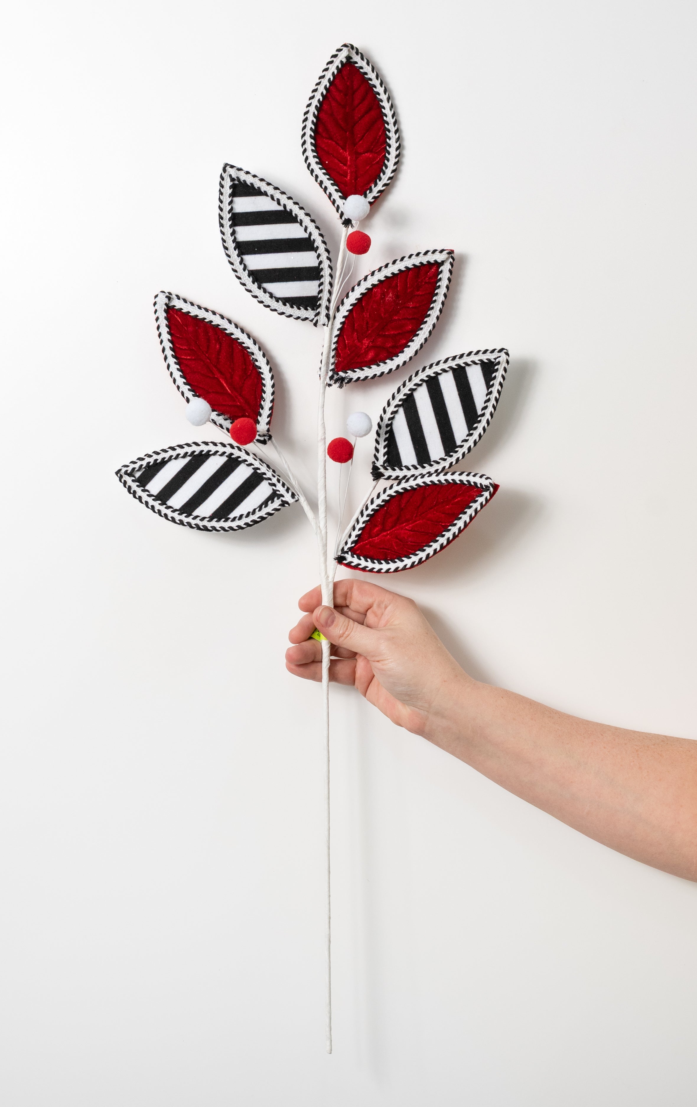 29" Velvet & Stripes Leaves Spray: Red, Black & White
