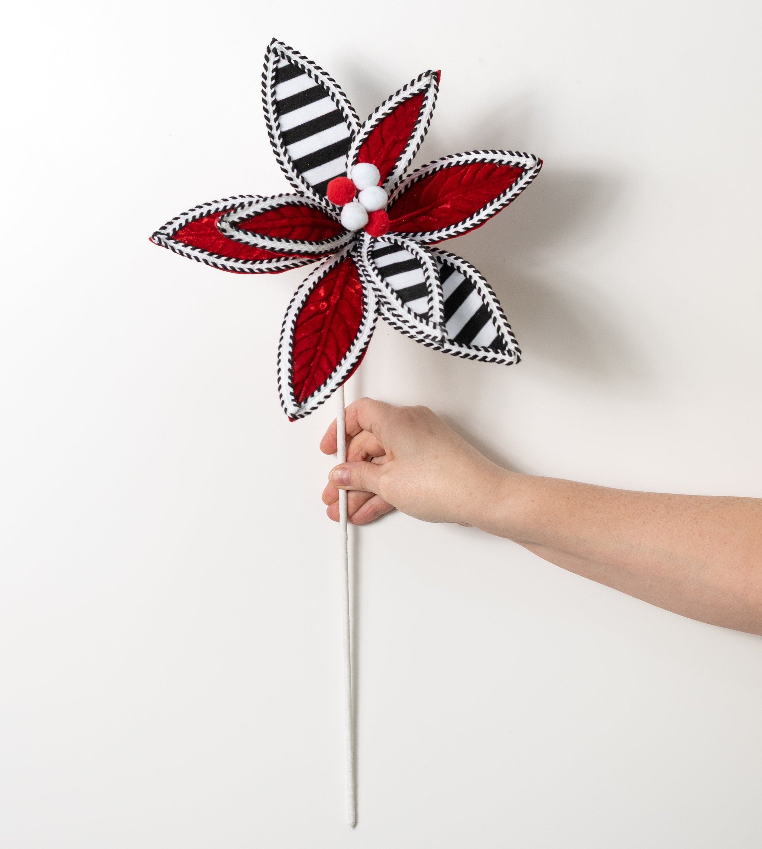 11" x 22" Velvet & Trim Stripe Poinsettia Stem: Red, Black & White