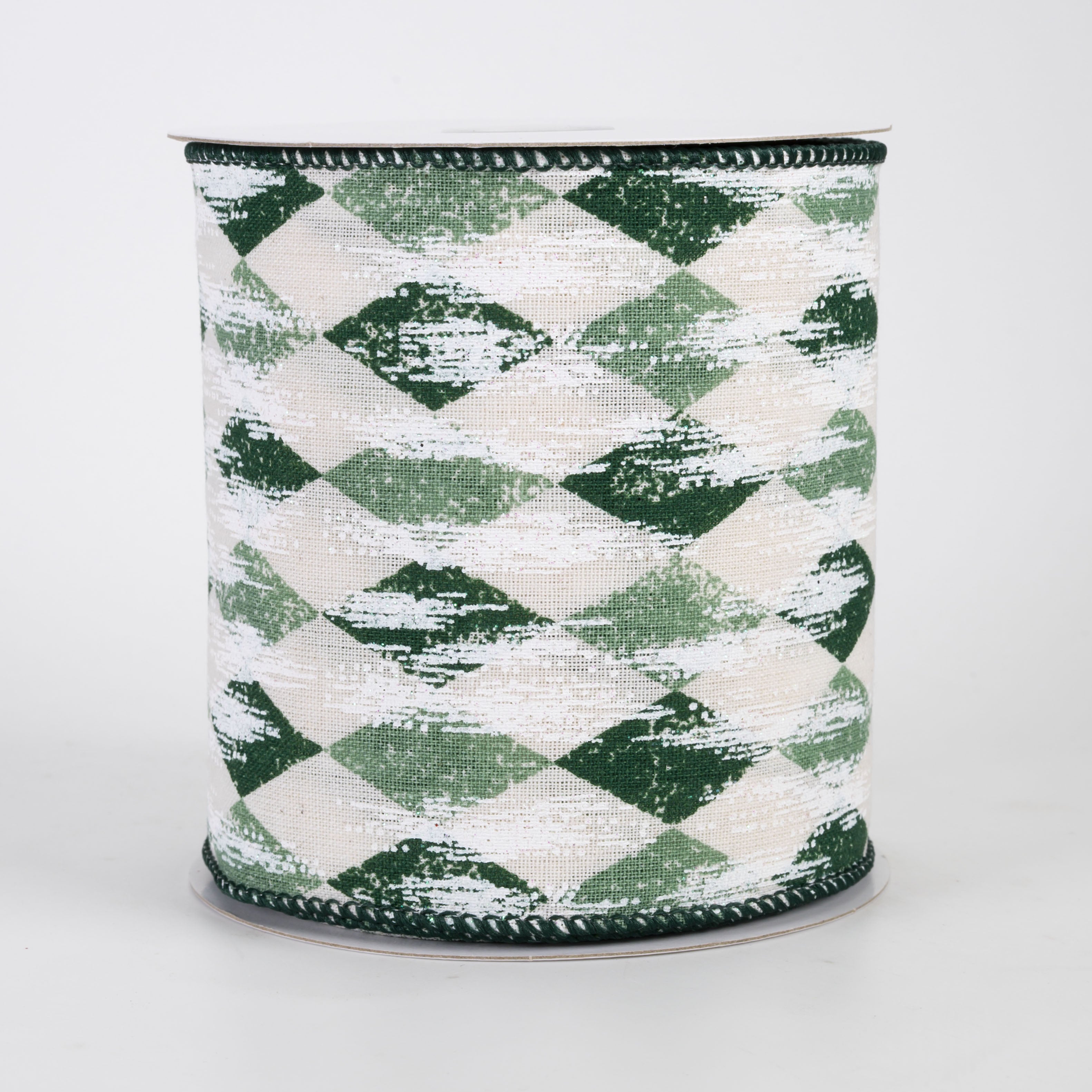 4" Canvas Harlequin White Painted Ribbon: Cream, Sage & Hunter (10 Yards)