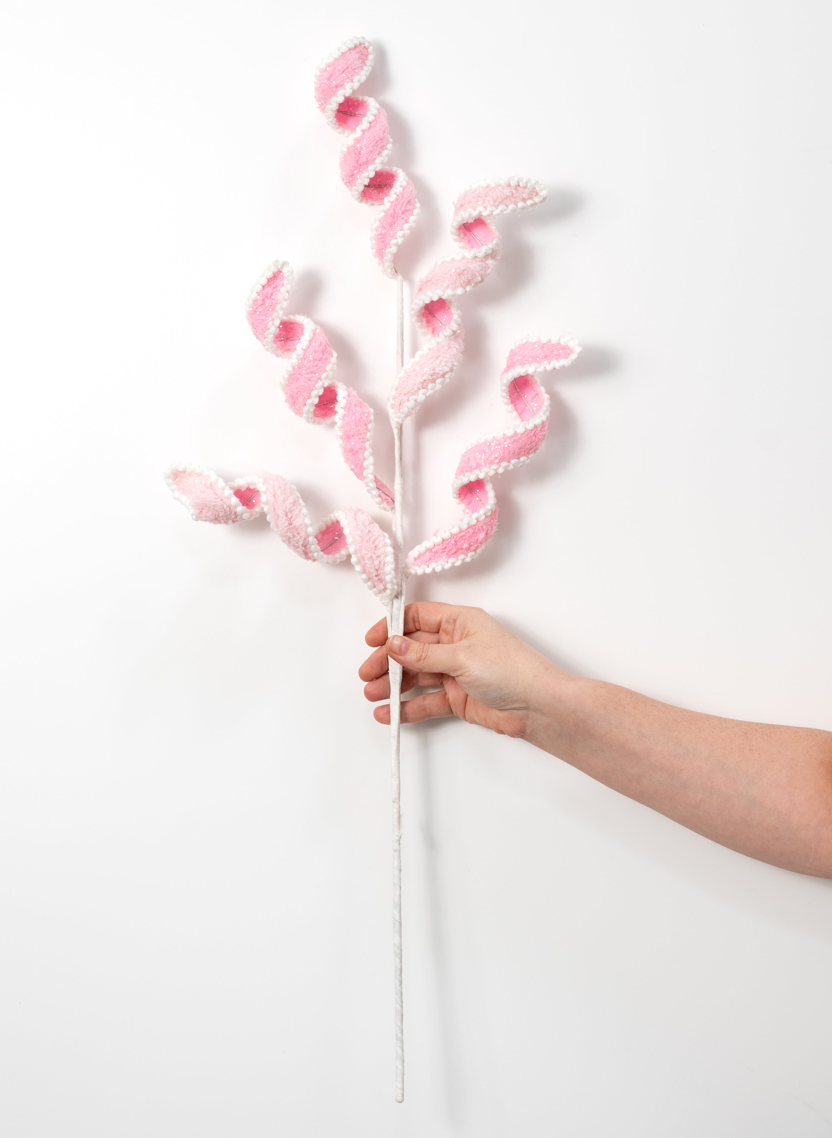 30" Fuzzy Fabric & Trim Curly Spray: Pink & White