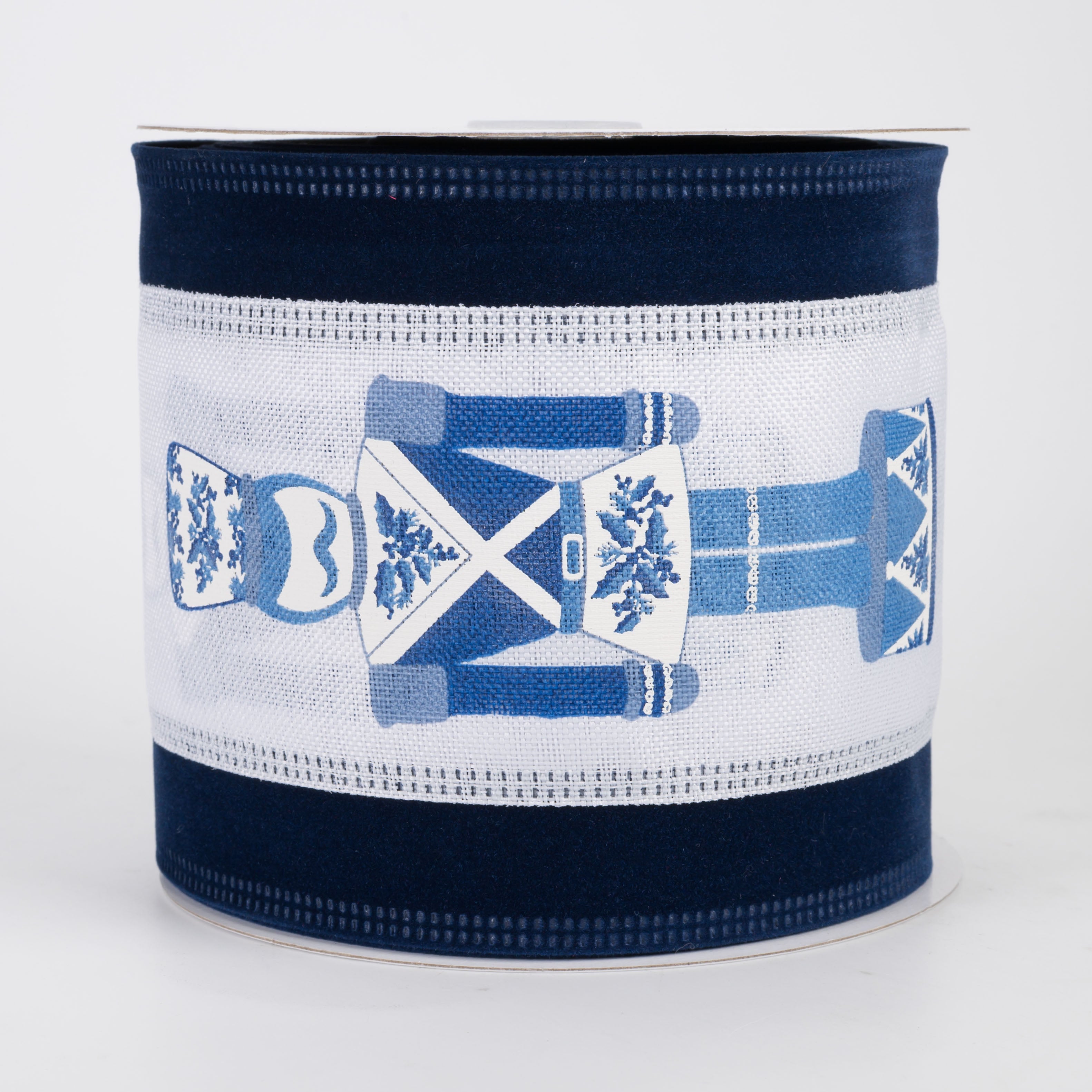 4" Velvet Edge Chinoiserie Nutcracker Ribbon: Navy Blue & White (10 Yards)