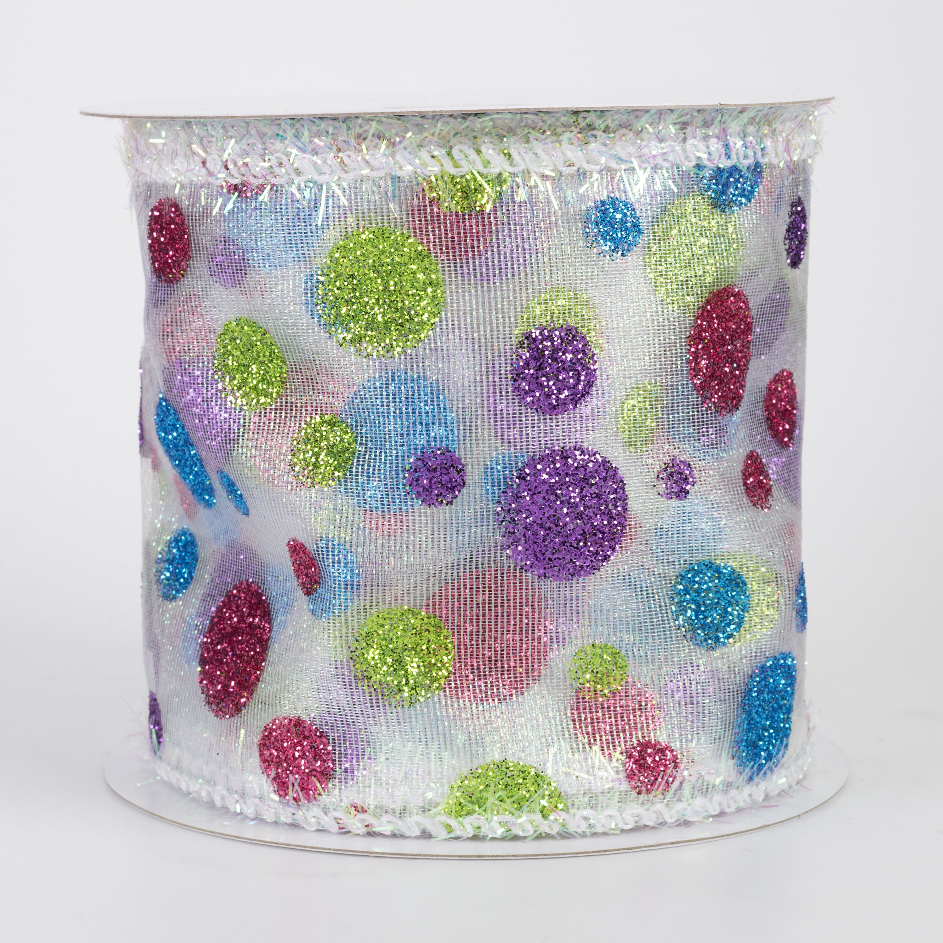 4" Iridescent Sheer Glittered Polka Dots Ribbon: Bright Multicolor (10 Yards)