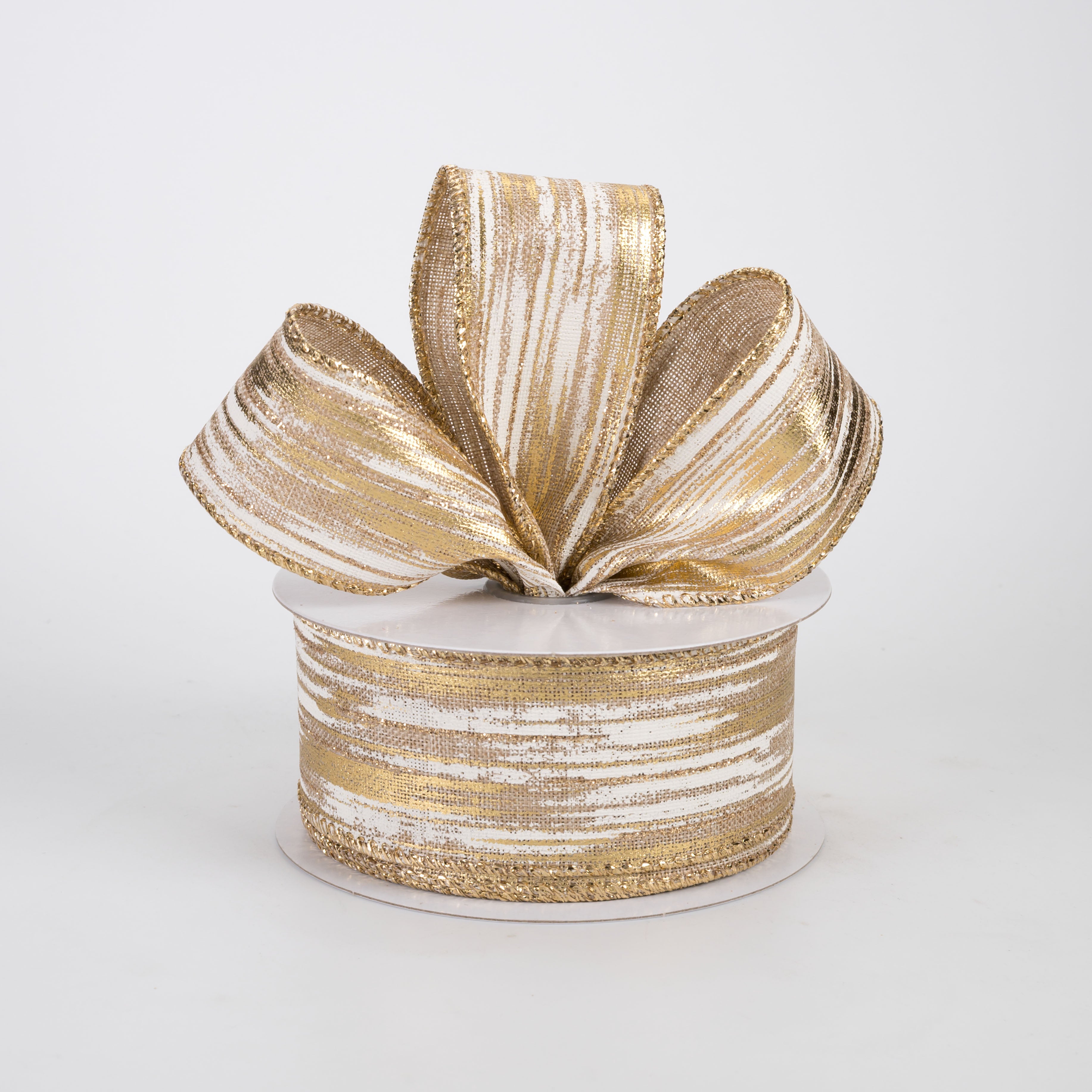 1.5" Linen Metallic Brushstrokes Ribbon: Cream & Gold on Natural (10 Yards)
