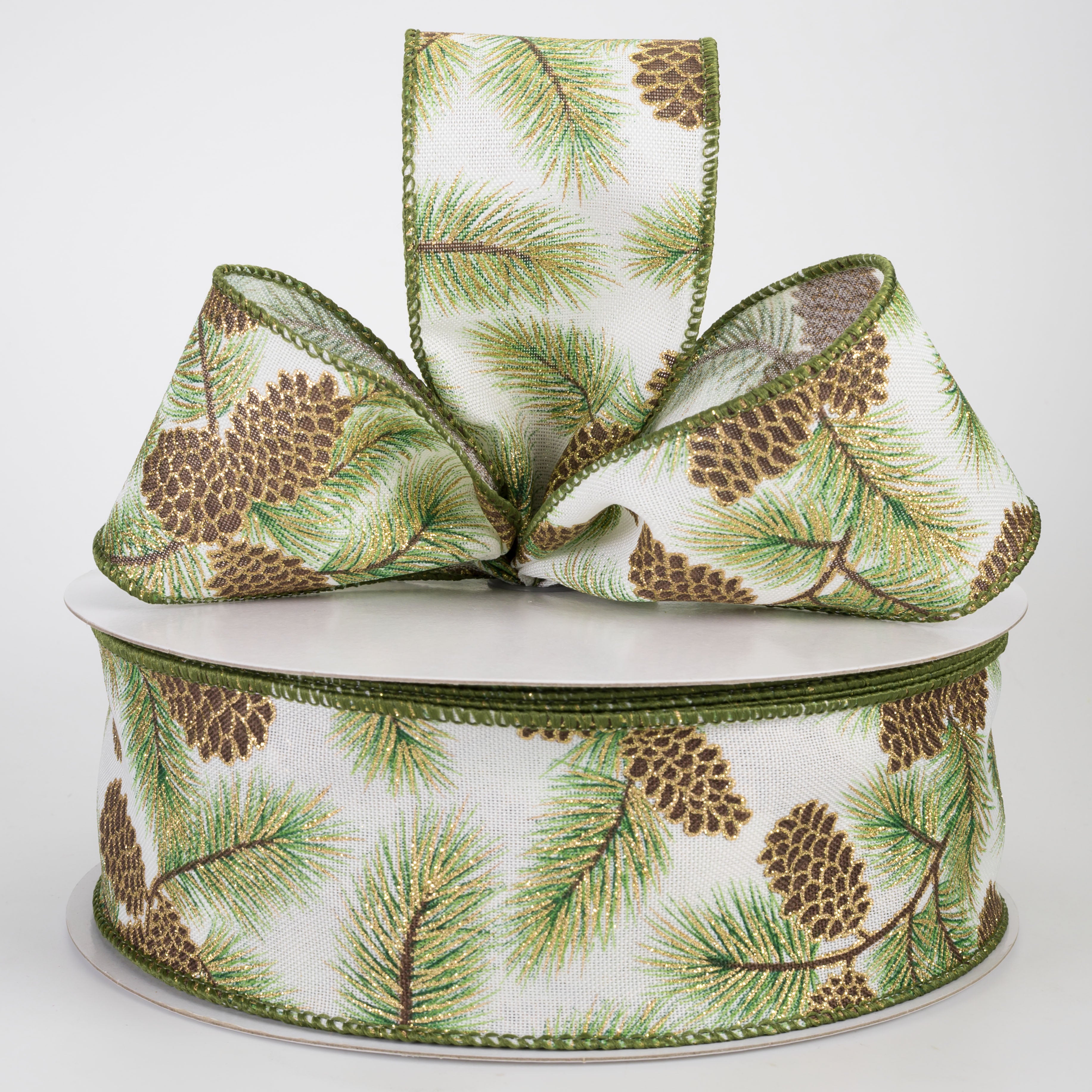 2.5" Linen Pinecones & Pine Needle Branches Ribbon: Ivory (50 Yards)
