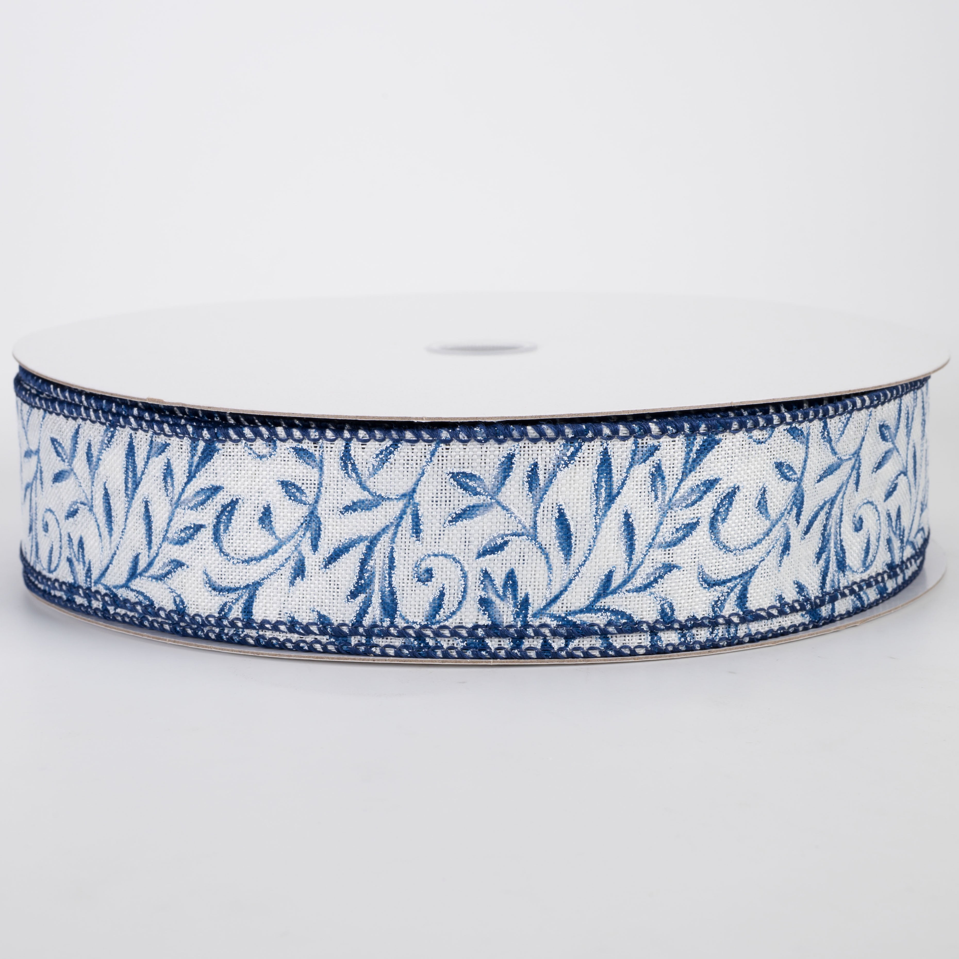 1.5" Linen Glittered Foliage Swirls Ribbon: Blue on Ivory (50 Yards)