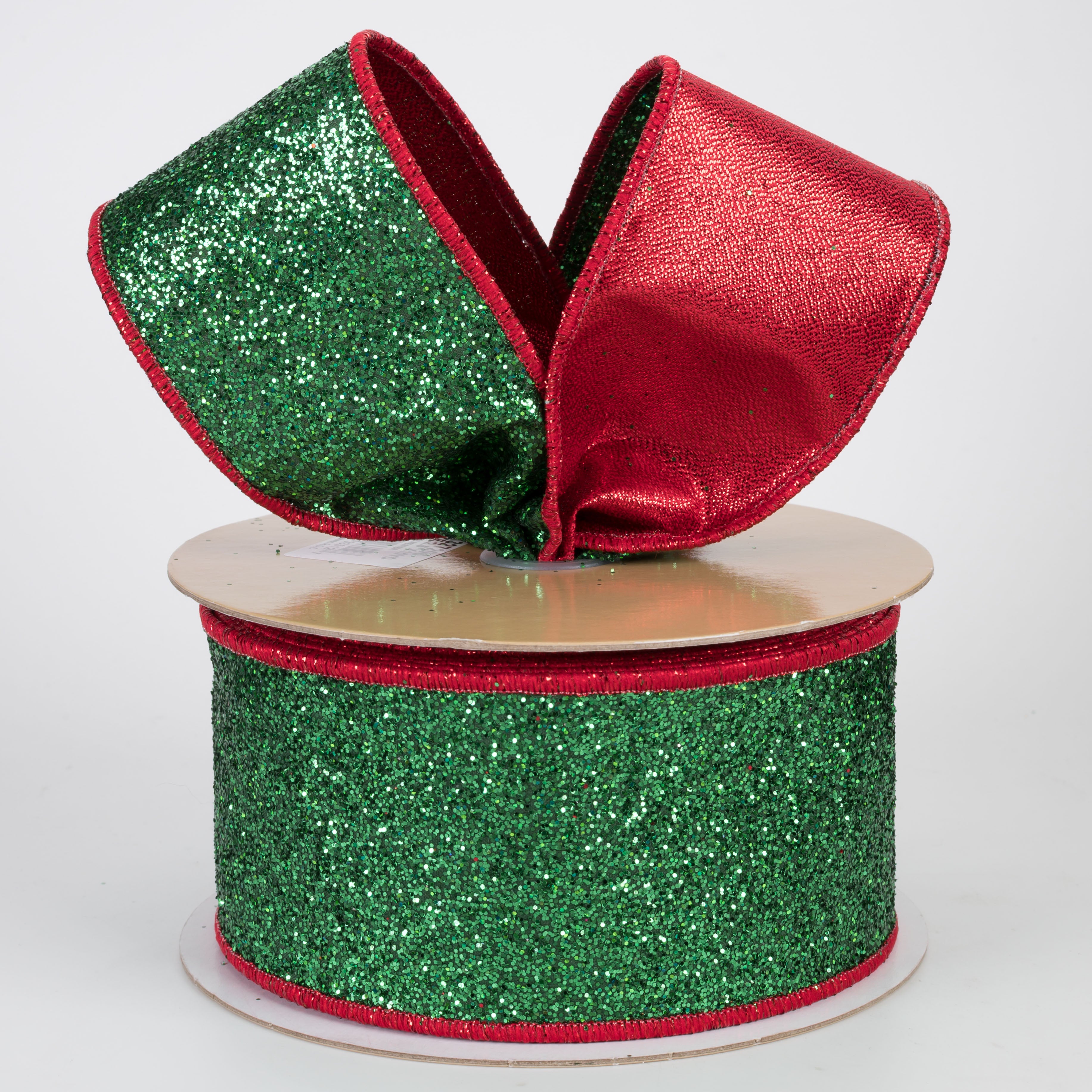 2.5" Double Sided Fused Laser Glitter Ribbon: Emerald Green & Red (10 Yards)