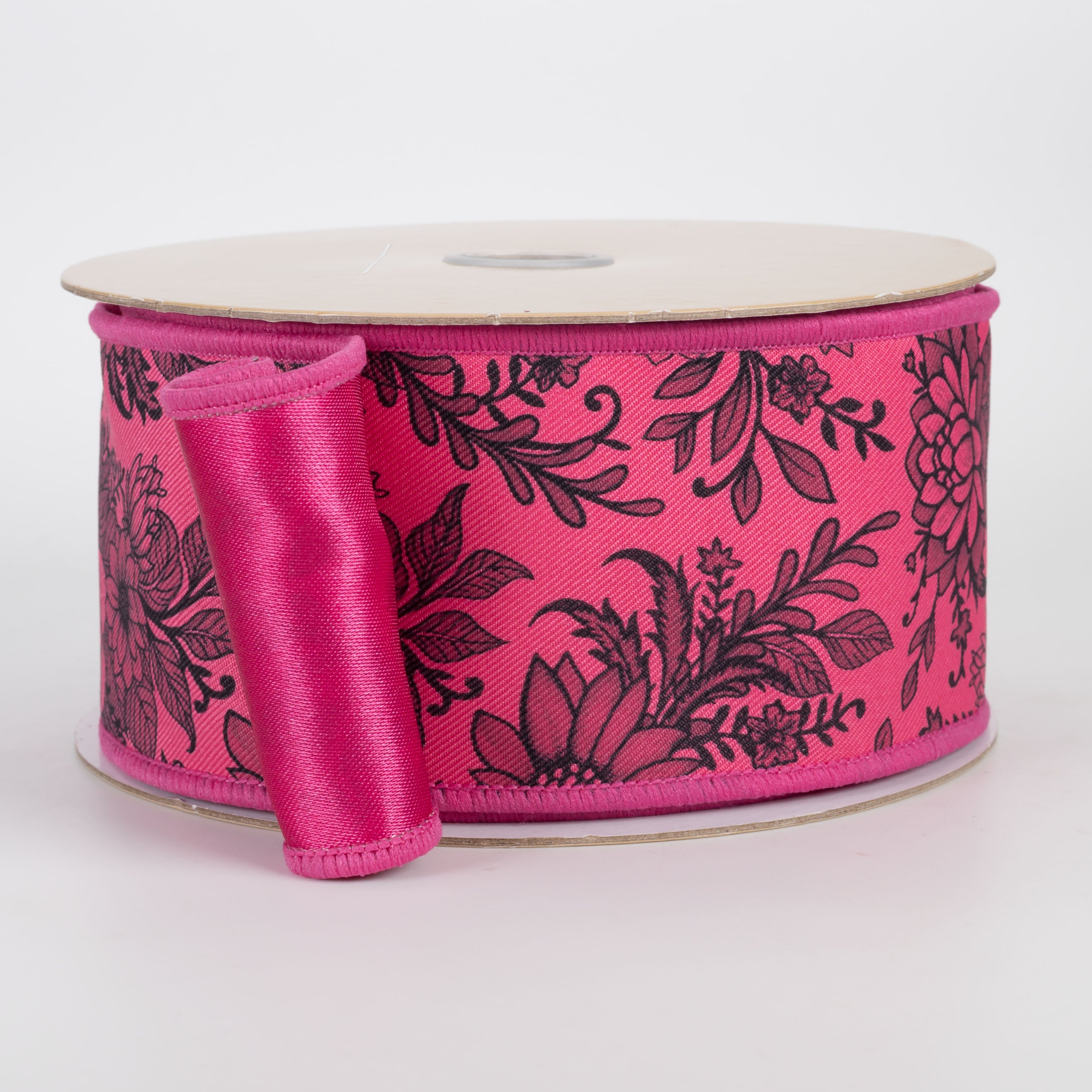 2.5" Double Sided Fused Chinoiserie Floral Ribbon: Hot Pink & Black (10 Yards)