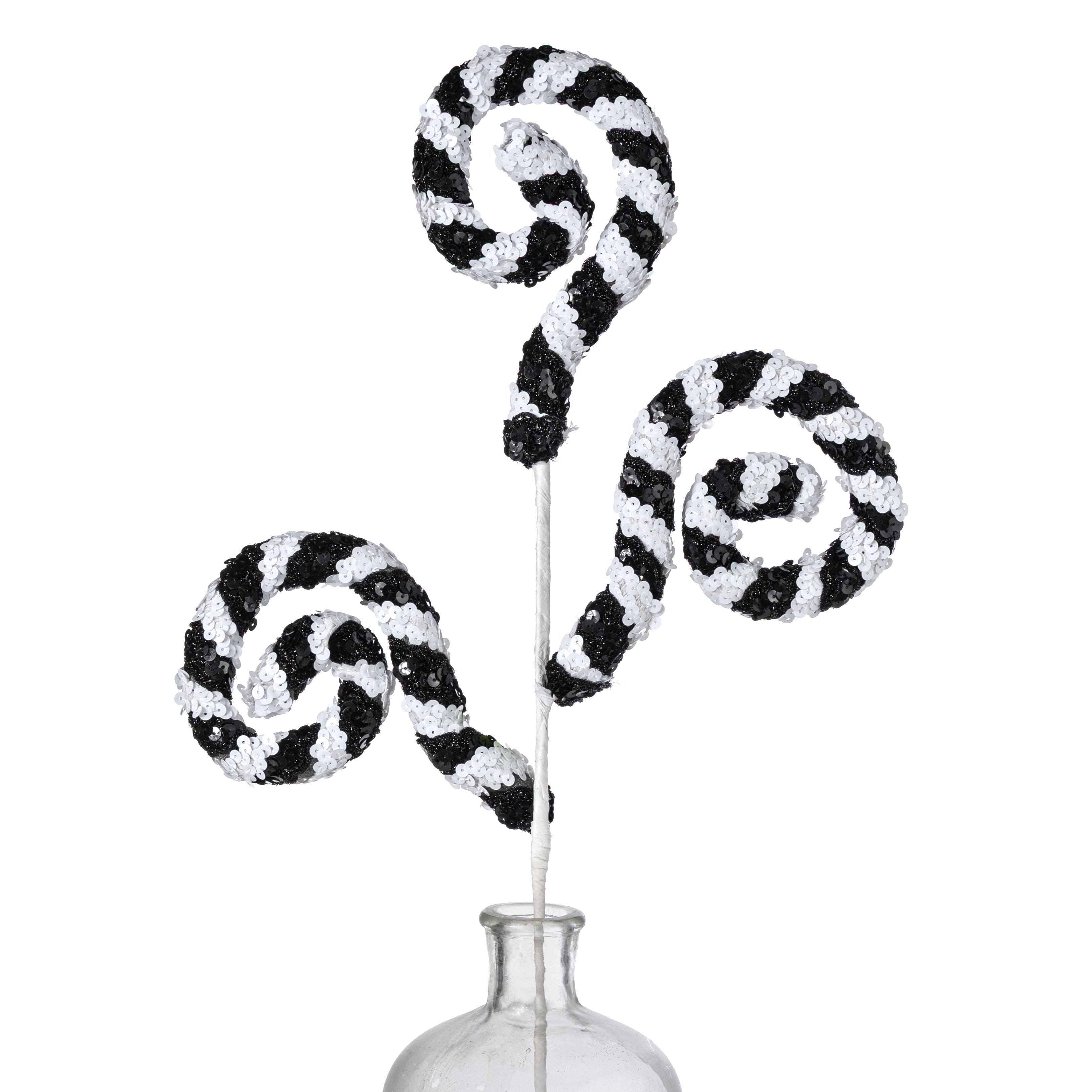 27" Sequin Stripe Spiral Curly Spray: Black & White