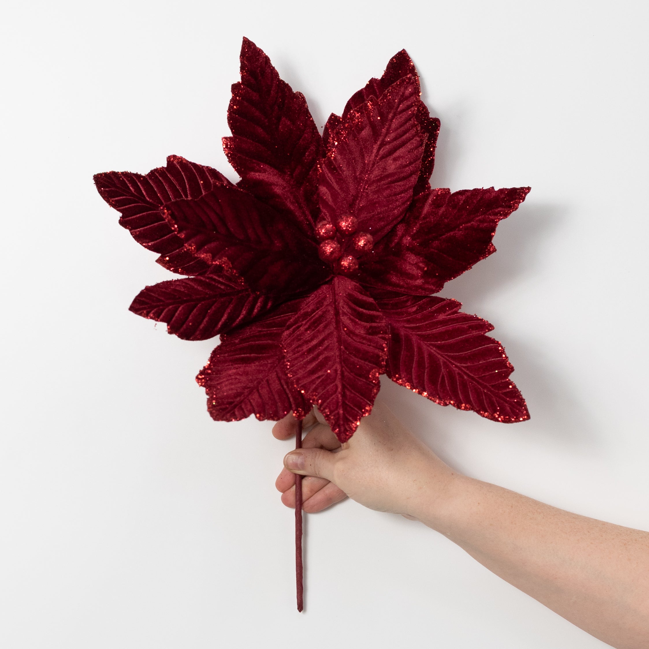 14" x 16" Velvet Poinsettia Stem: Burgundy Red